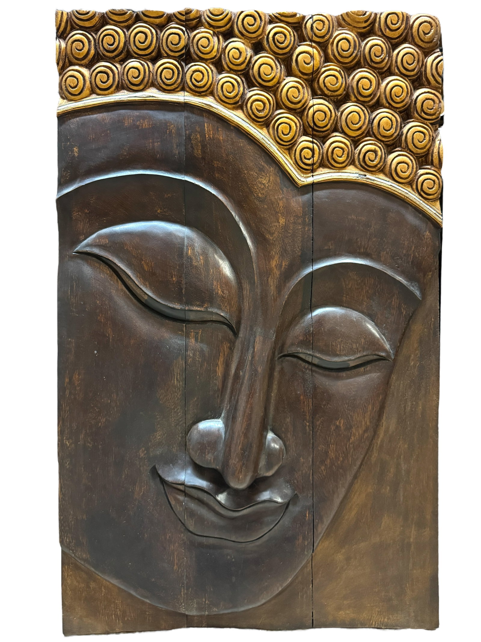 Vintage Carved Wood Thai Buddha Wall Hanging: Large thick carved wood panel of Thai style Buddha face. Possibly monkey wood. Gilt paint and mirror tile inlay enhanced. Measures 36 x 23 inches. *** This item requires IN PERSON PICK UP or personal 