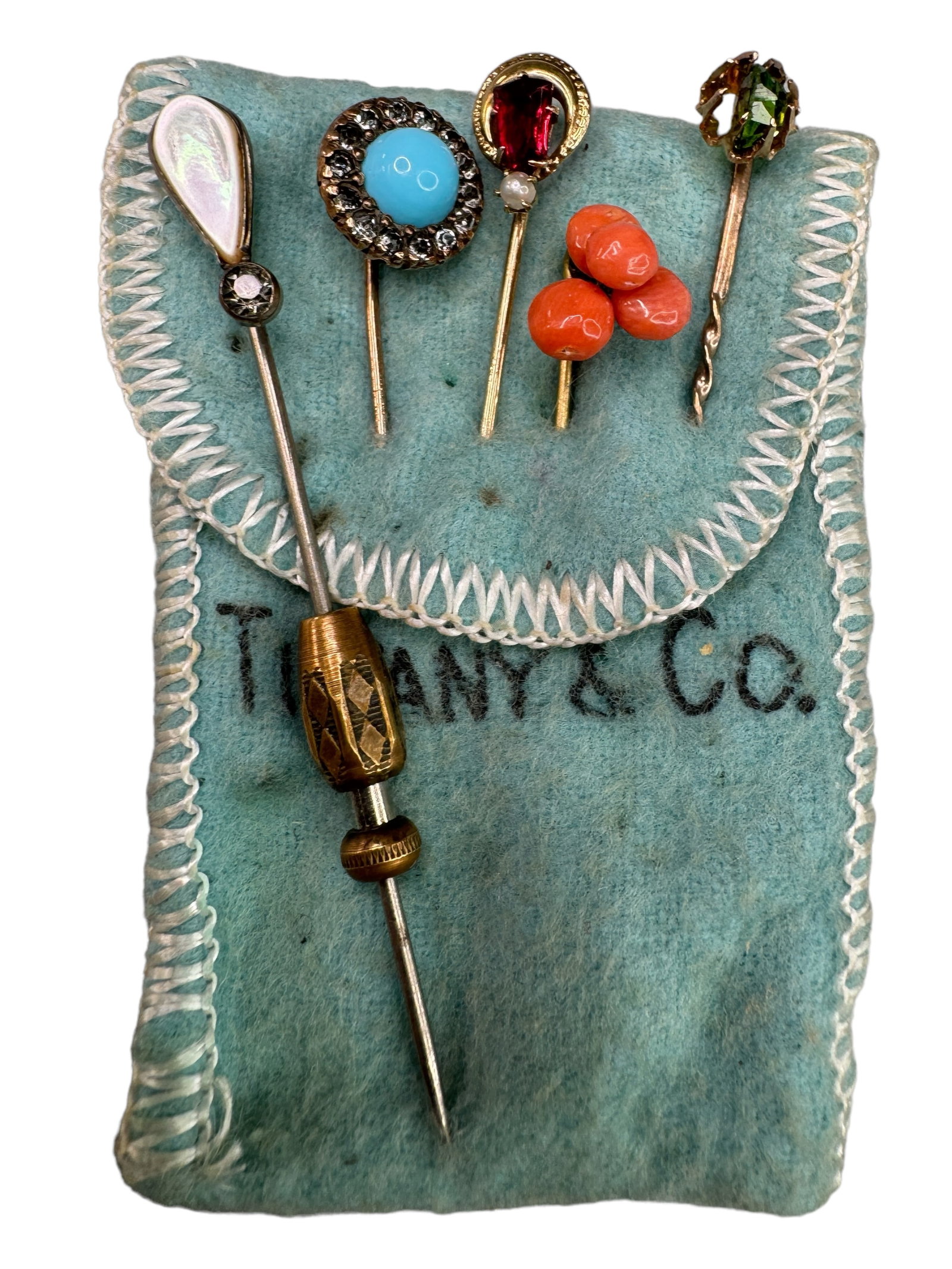 Antq 14k,10k, Genuine & Faux Stone Straight Pins: 2 pins tested as 14k and 1 as 10k but are unmarked. 2 appear as sterling and possibly brass. Includes turquoise, Peridot, coral, mother of pearl and created ruby. The three tested weigh 1.85 DWT. 1 st