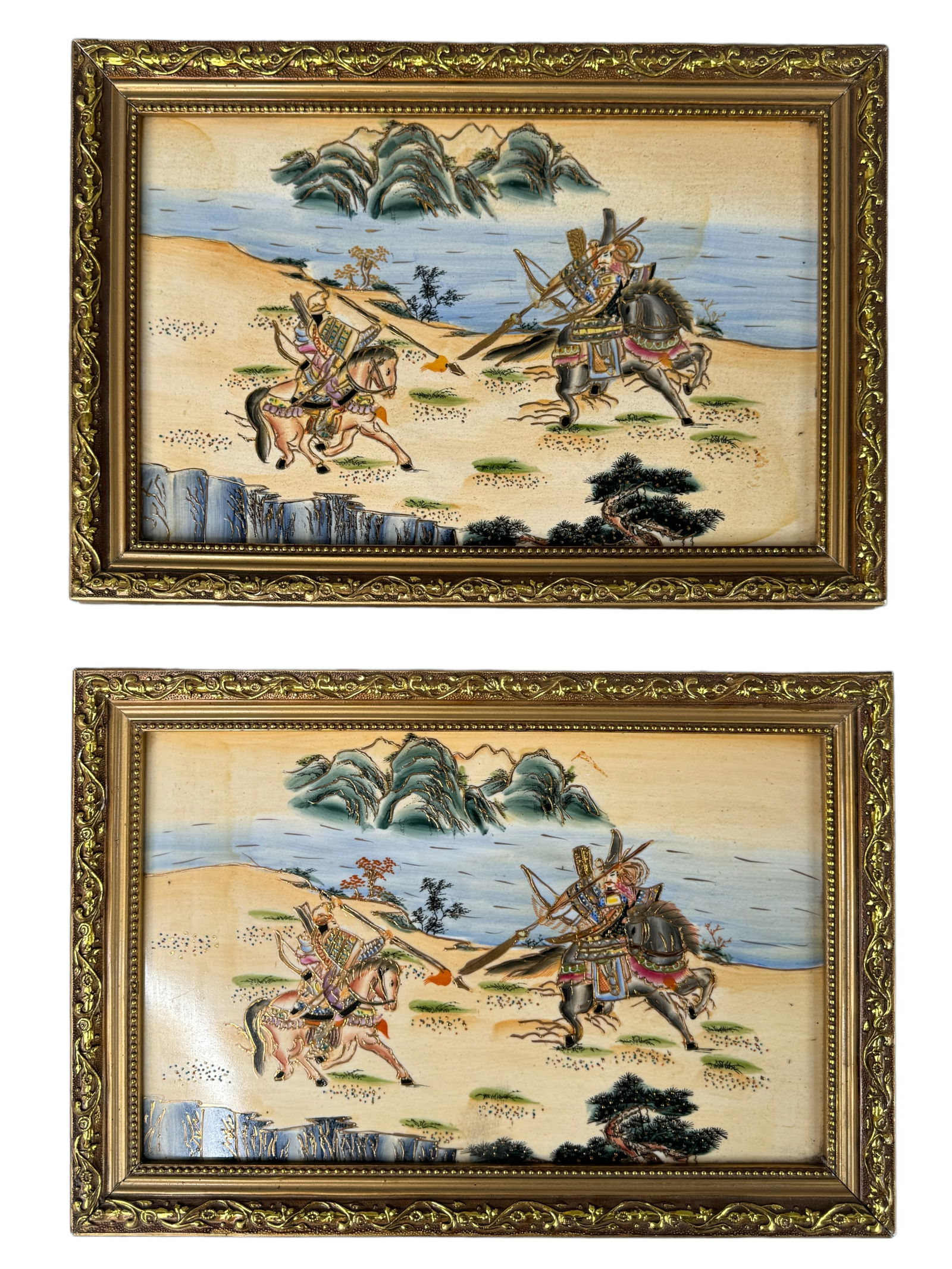 2 Vintage Asian Painted Porcelain Plaques, Warrior: 2 identical painted porcelain plaques with hand detailed raised gilt and enamel. Both are ornately framed and each measures 18 x 12 inches. *** This item requires IN PERSON PICK UP or personal arrange