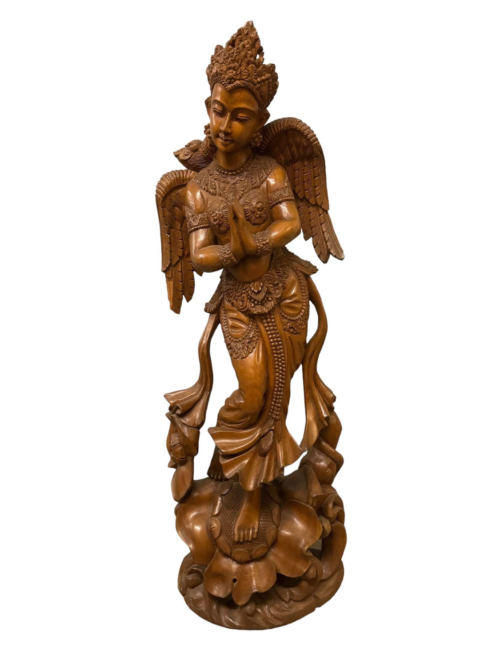 Carved Wood Garuda Statue: Carved wood statue of what appears to be Garuda. 360 views include children peaking, florals and base details. Stands 35 inches tall. *** This item requires IN PERSON PICK UP or personal arrangements 
