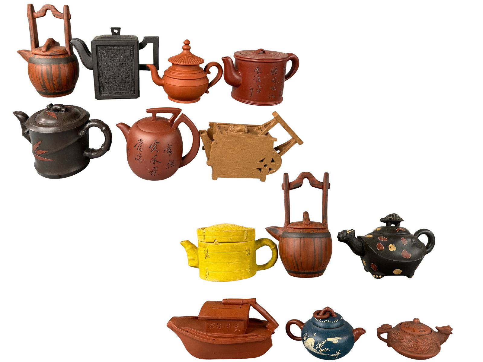 Asian Ceramic, Clay, Mini Teapots Collection: 13 unique mini teapots. All are marked on the bottoms with character marks. All have lids. All are unique! Largest is 6 inches tall.