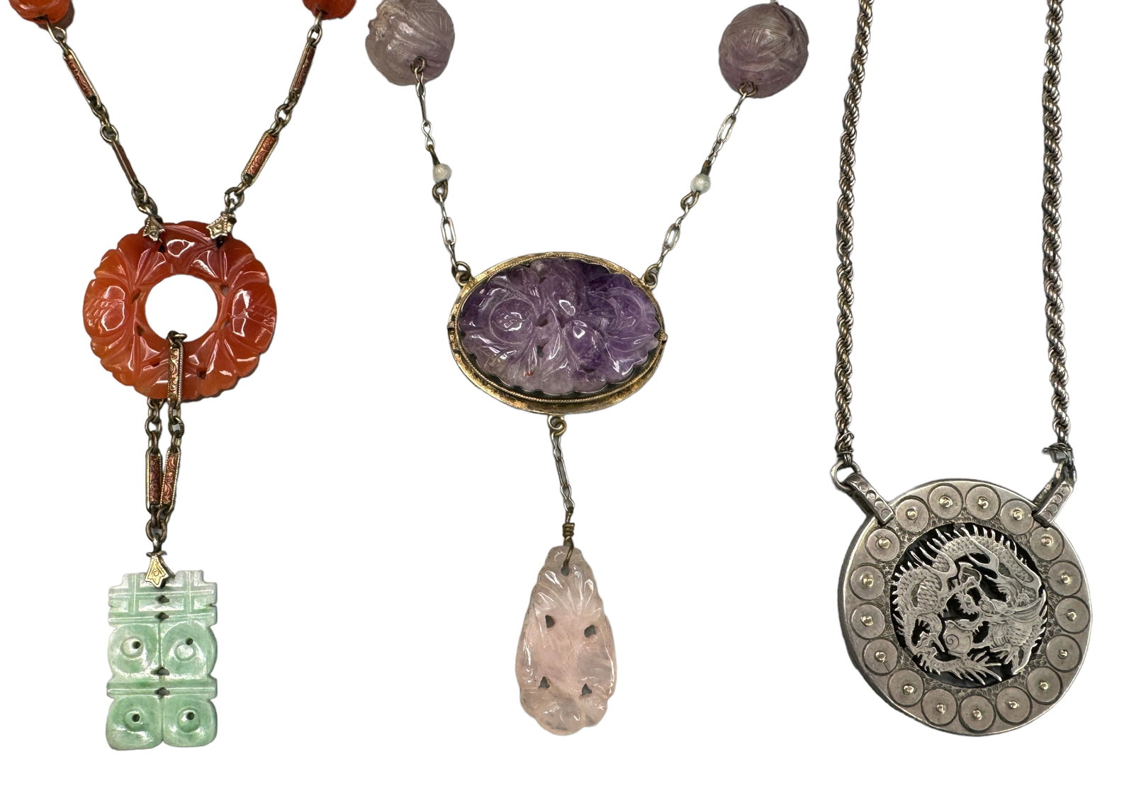 Antique Genuine Stone Asian Jewelry: Gorgeous carnelian, jade, enameled brass necklace. 16 inch chain with a 3 inch pendant hang. Beautiful sterling and carved amethyst and rose quartz necklace. 16 inch chain with 2.75 inch pendant hang.