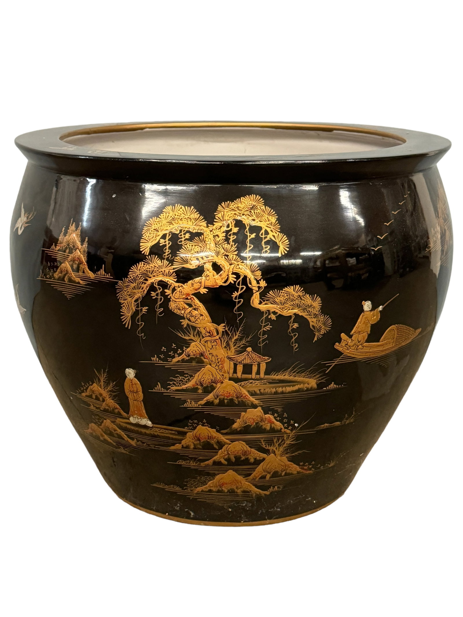 Huge Fishbowl/ Planter Chinoiserie Style, Asian: Very large painted and gilded fishbowl / planter. Blacks and gold in a Chinoiseries style. Measures 17 x 21 inches. Has wood chips. *** This item requires IN PERSON PICK UP or personal arrangements wi