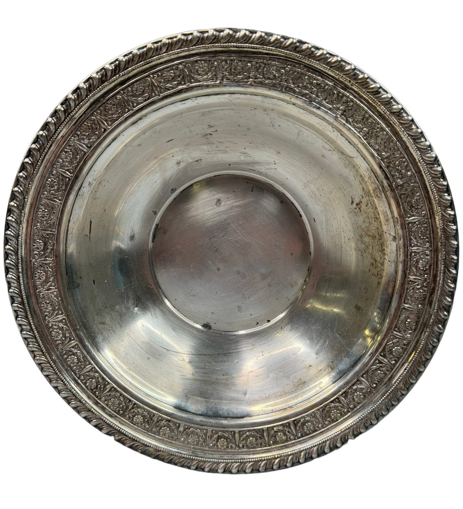 Antique Marked Sterling Large Bowl: Floral and swag trim design with deep 2.25 inch height. Measures 10 inches across. No makers mark, possibly of foreign decent. Weighs 7.59 OZT.
