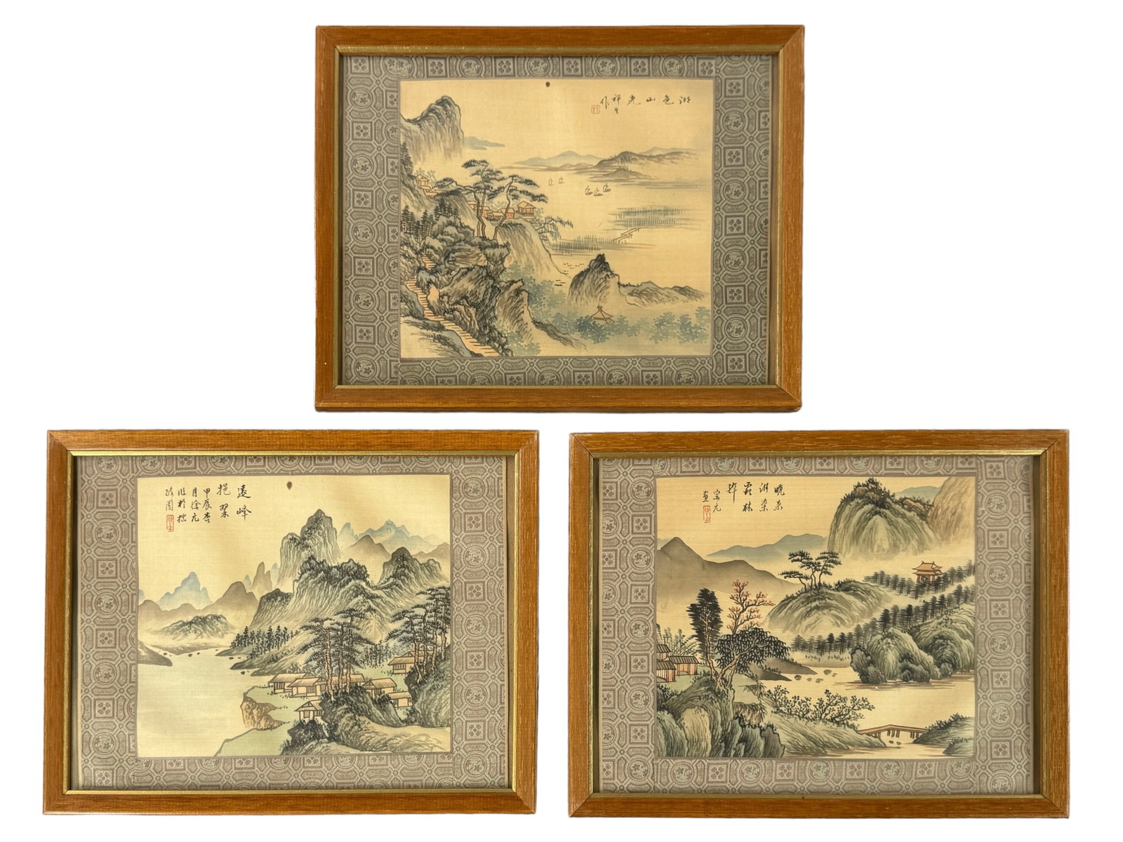 Vintage Signed Chinese Silk Paintings, Landscapes: 3 vintage landscapes painted on what appears to be silk. All three have a decorative embroidered matting and are marked and seal signed. All three are glass and simple wood framed measuring 13 x 10 in