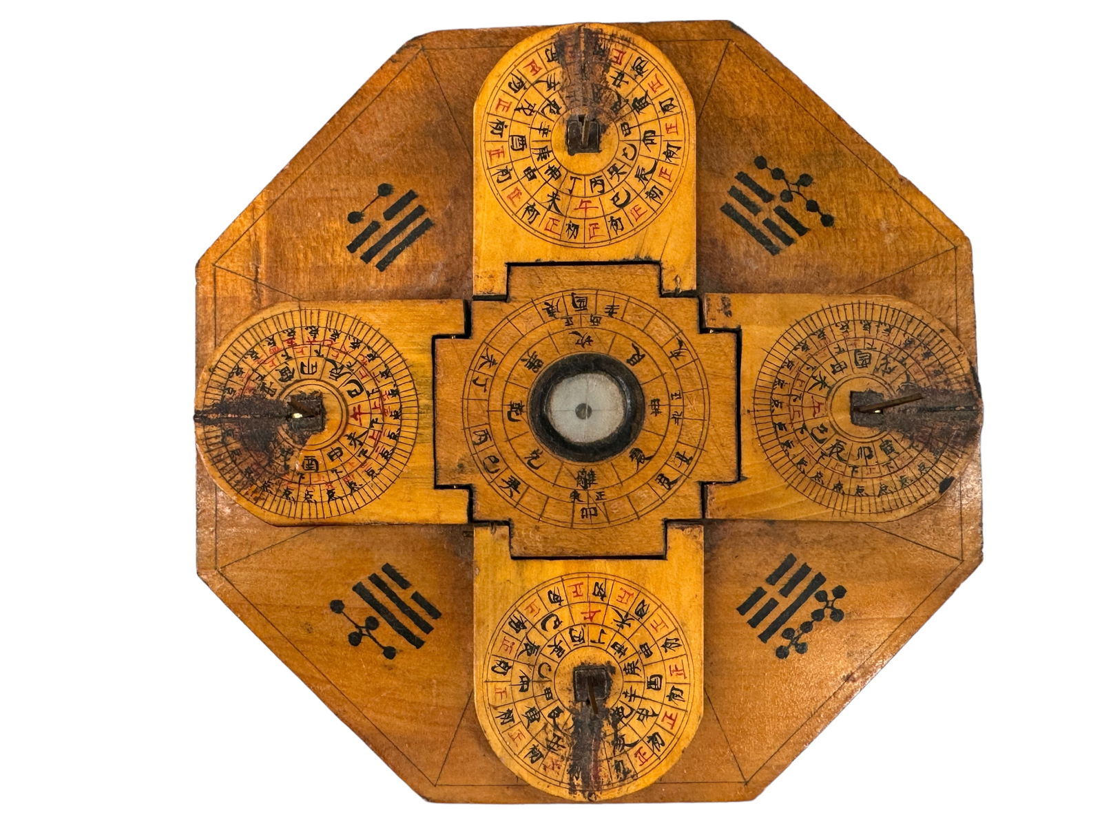 Vintage Chinese Equinoctial Compass: octagonal wood piece with magnetic compass and sundials. Carved and painted details. Unknown exact circa. Measures 6.5 inches in diameter. Light but expected wear. Markings on back were not translated