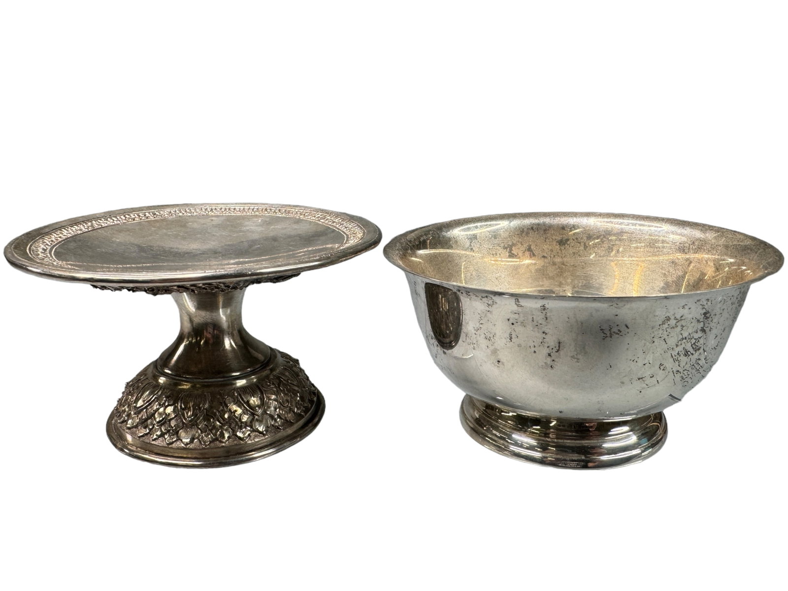 Paul Revere Webb Sterling Bowl, Presumed Stand: A reproduction of a Paul Revere condiment bowl by Webb in Sterling. Measures 2 x 4 inches. It weighs 2.16 OZT. Presumed sterling small footed bon bon or dish stand, unmarked. Hollow with raised relief
