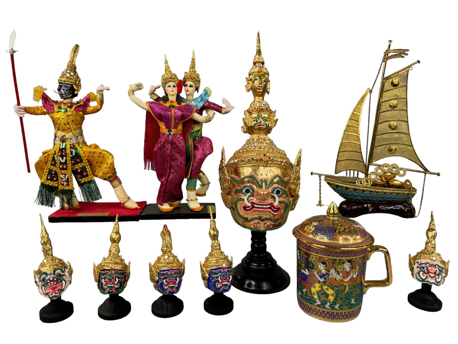 Taiwanese Vintage Collectibles, Demon Masks: Several hand painted Thai paper mache and gilt demon mask heads with stands. One large one is 14 inches. appears to be genuine gold leaf. 5 smaller ones are 5.5 inches on the stand. Thai cloth dolls s