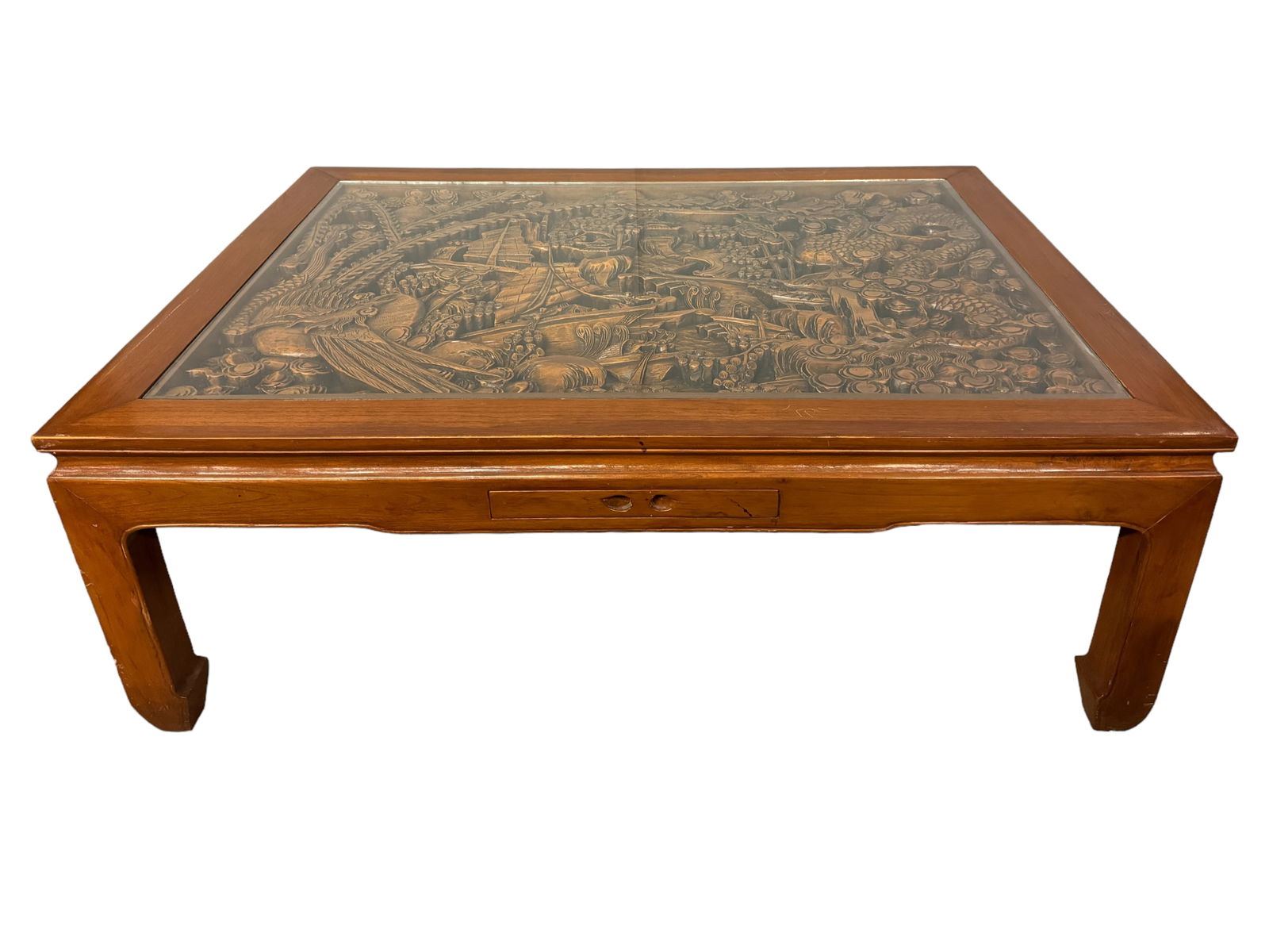 STUNNING Carved Wood Scene Glass Top Coffee Table: Expertly carved vintage Asian/Taiwanese coffee table with a dragon and phoenix scene. Heavy panel glass topped. Has two small drawers on each side, one contains the original 1972 purchase order from T