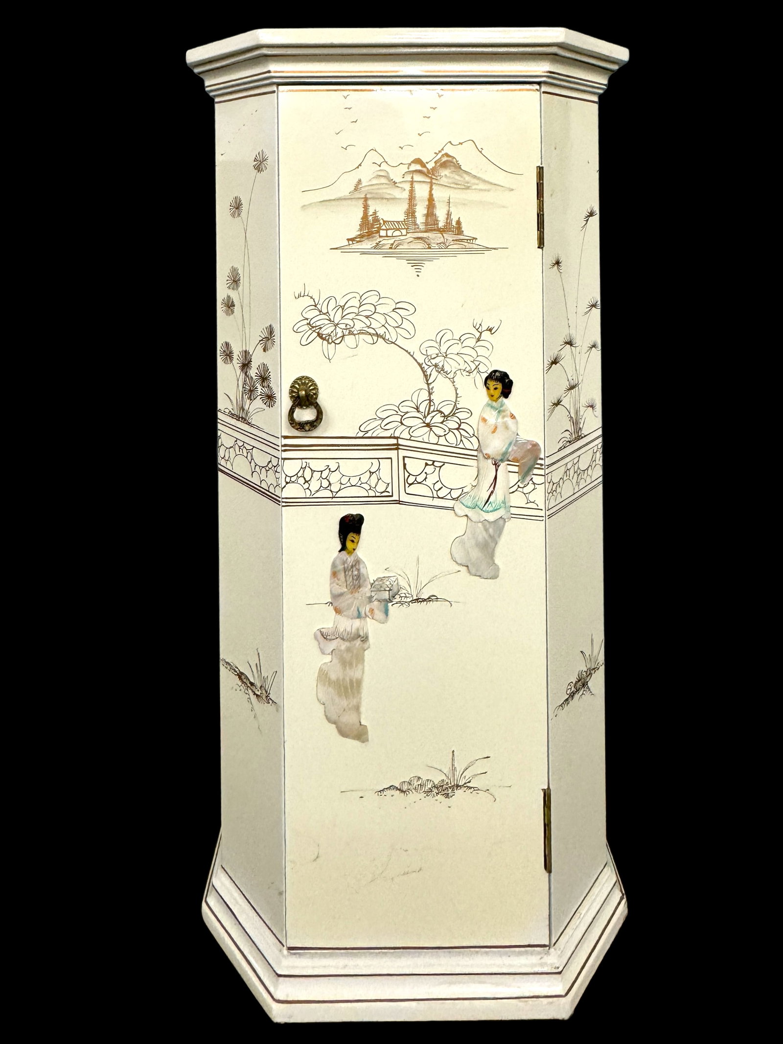 Vintage Asian Lacquer MOP & Painted Cabinet: Vintage Asian white lacquered wood mini cabinet / pedestal with door. Applied mother of pearl figures with resin heads and hand painted details. Measures 30 x 17 x 12 inches. Small area of damage to o
