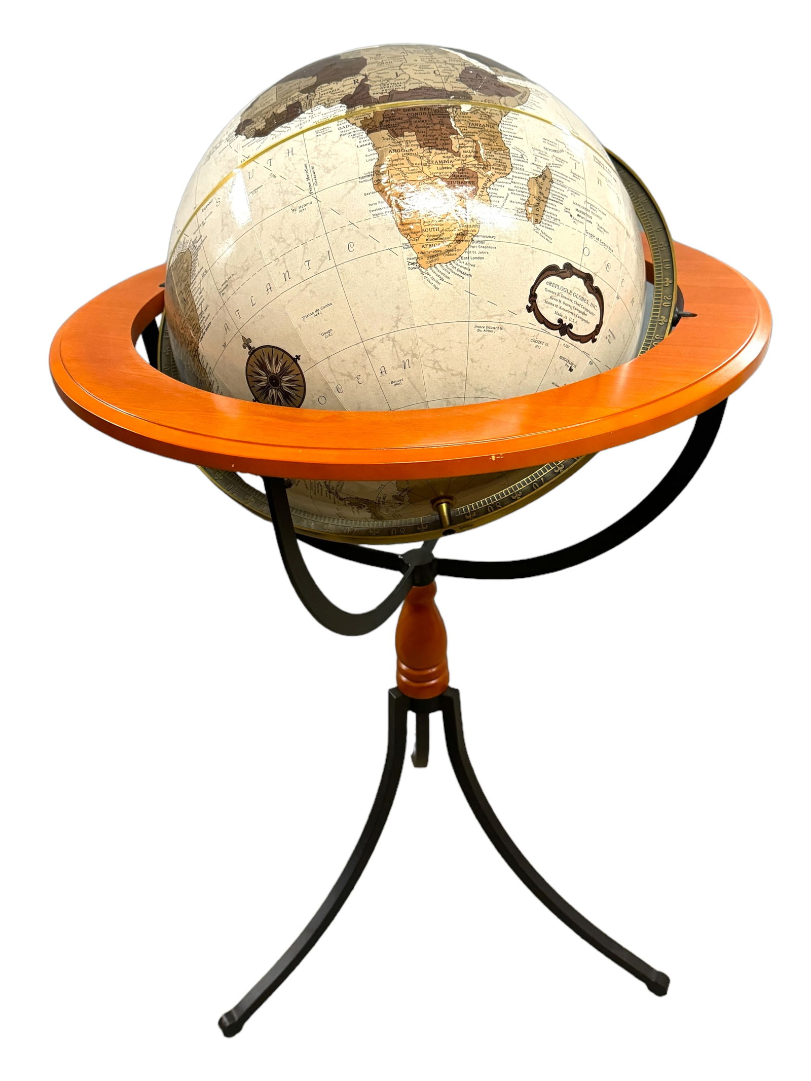 Handsome REPLOGLE 16" Vintage Platinum Floor Globe: A vintage Replogle 16 inch platinum series floor globe. Full spin. Wrought iron and cherry wood stand. Stands approximately 40 inches tall. *** This item requires IN PERSON PICK UP or personal arrange