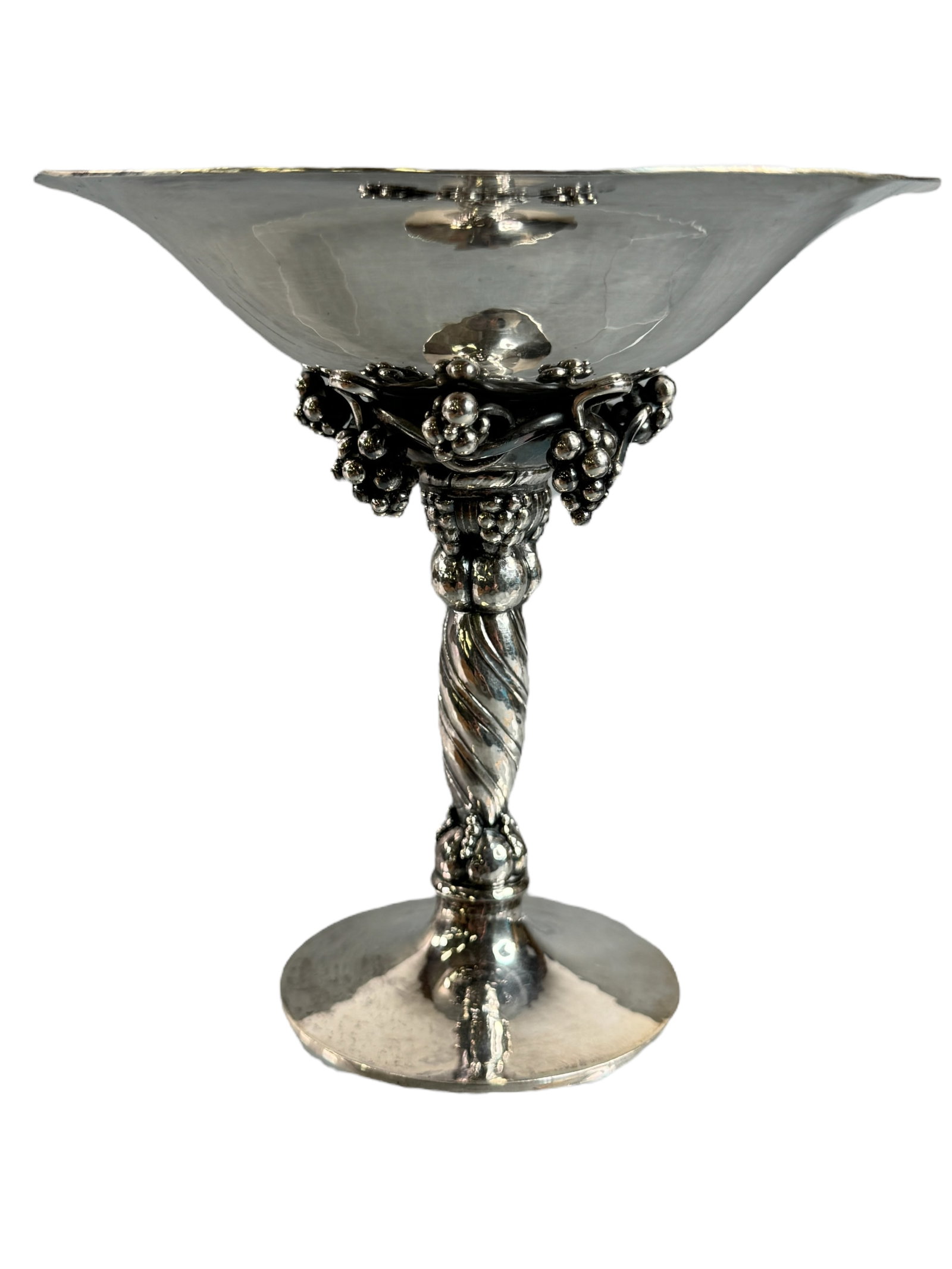 1918 Georg Jensen Sterling Bon Bon, Grape Pattern: Beautiful 1918 designed Sterling footed bon bon candy dish. Figural grape and leaf wrap design. Marked on the bottom. Stands 5 inches tall and is 5 inches in diameter. It weighs 8.09 OZT. A second can