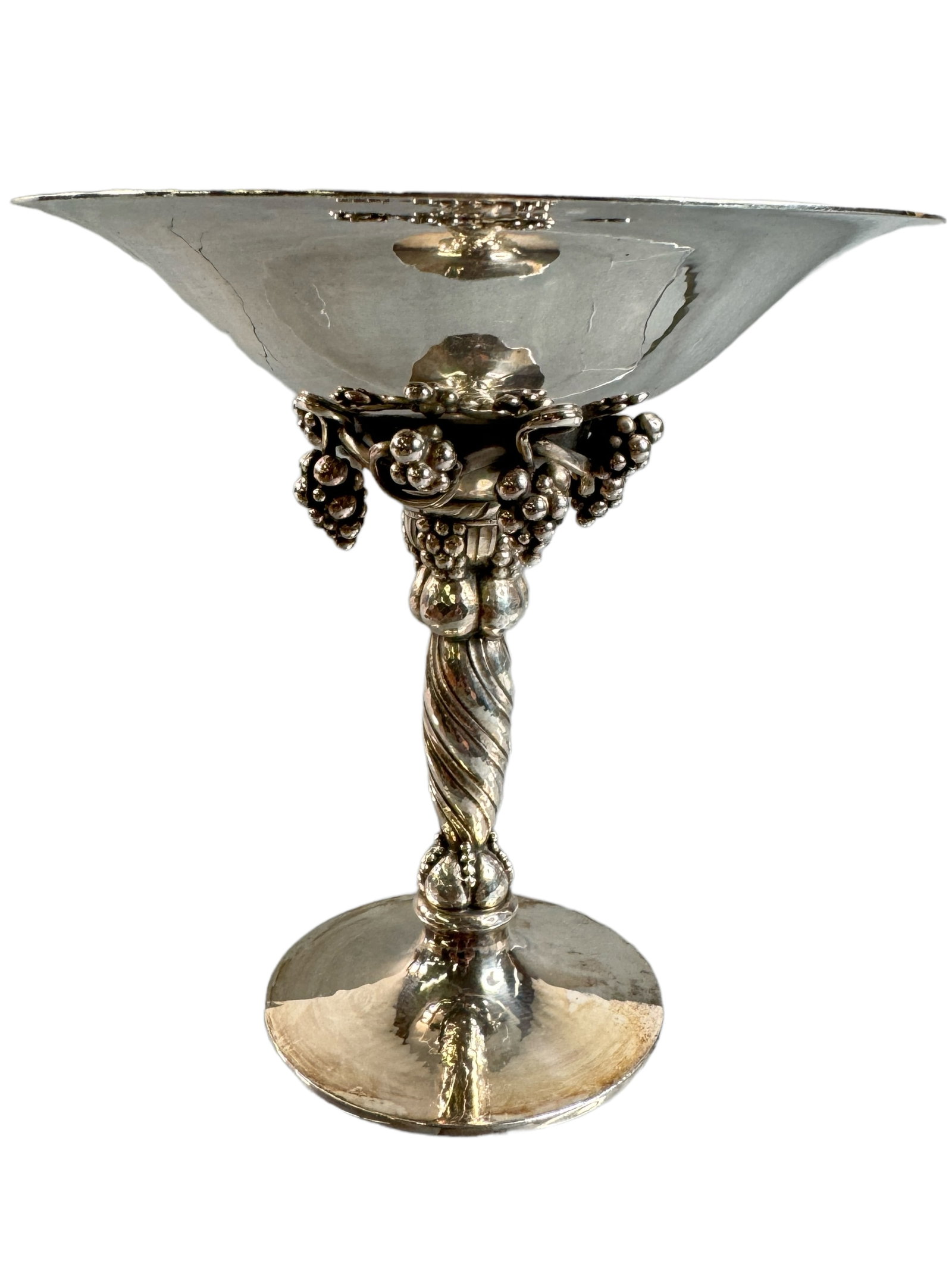 1918 Georg Jensen Sterling Footed Bon Bon Server: Beautiful 1918 designed Sterling footed bon bon candy dish. Figural grape and leaf wrap design. Marked on the bottom. Stands 5 inches tall and is 5 inches in diameter. It weighs 8.00 OZT. A second was