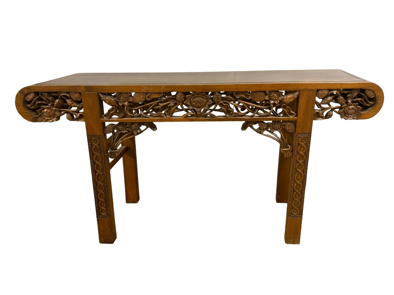 FABULOUS Carved Wood Asian Alter Style Console: A beautifully carved wood Asian altar style console table/entry table. Beautiful florals and leaves carved on both sides for a total view. Measures 32 x 58 x 15 inches. Minor wear.*** This item requir