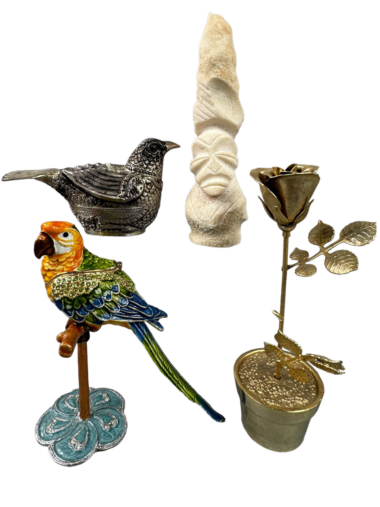 Cambodian Silver Bird Trinket, Enamel Bird, Rose and more: Silver bird figural trinket box from Cambodia. Stands 2 x 4 x 2 inches. It weighs 1.5 OZT. Enameled bird trinket with crystals stands 4.75 inches tall. Gold toned metal rose is 5.75 inches, and a carv