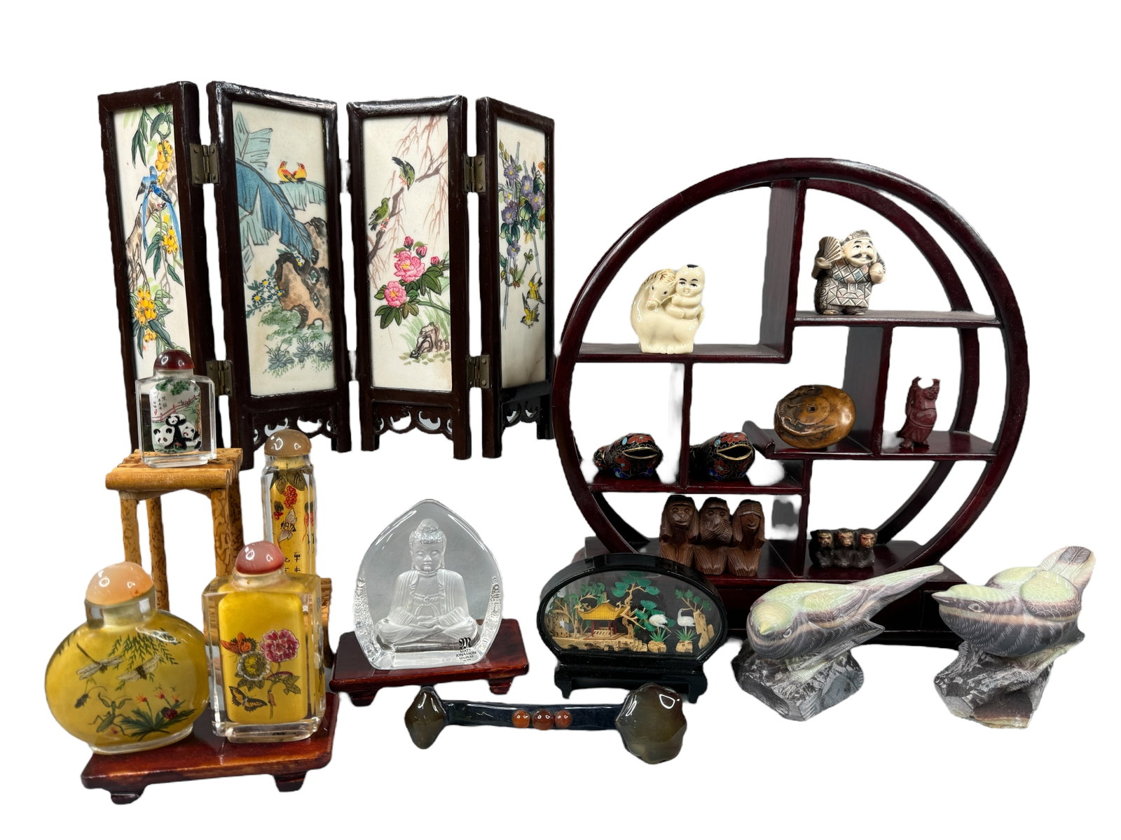 Vintage Asian collectibles Lot, Stands, Perfumes: Cherry wood like finish Asian trinket stand. One drawer. Measures 10.25 inches tall. Painted stone four panel mini screen is 7.5 inches tall. Beautifully reverse painted Asian perfume/ cologne glass b