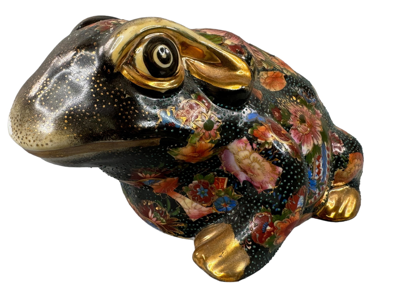 Large Vintage Satsuma Style Porcelain Frog: Hand painted and raised enamel designed porcelain frog. Felt bottom. Measures 5.5 x 11 x 7 inches.