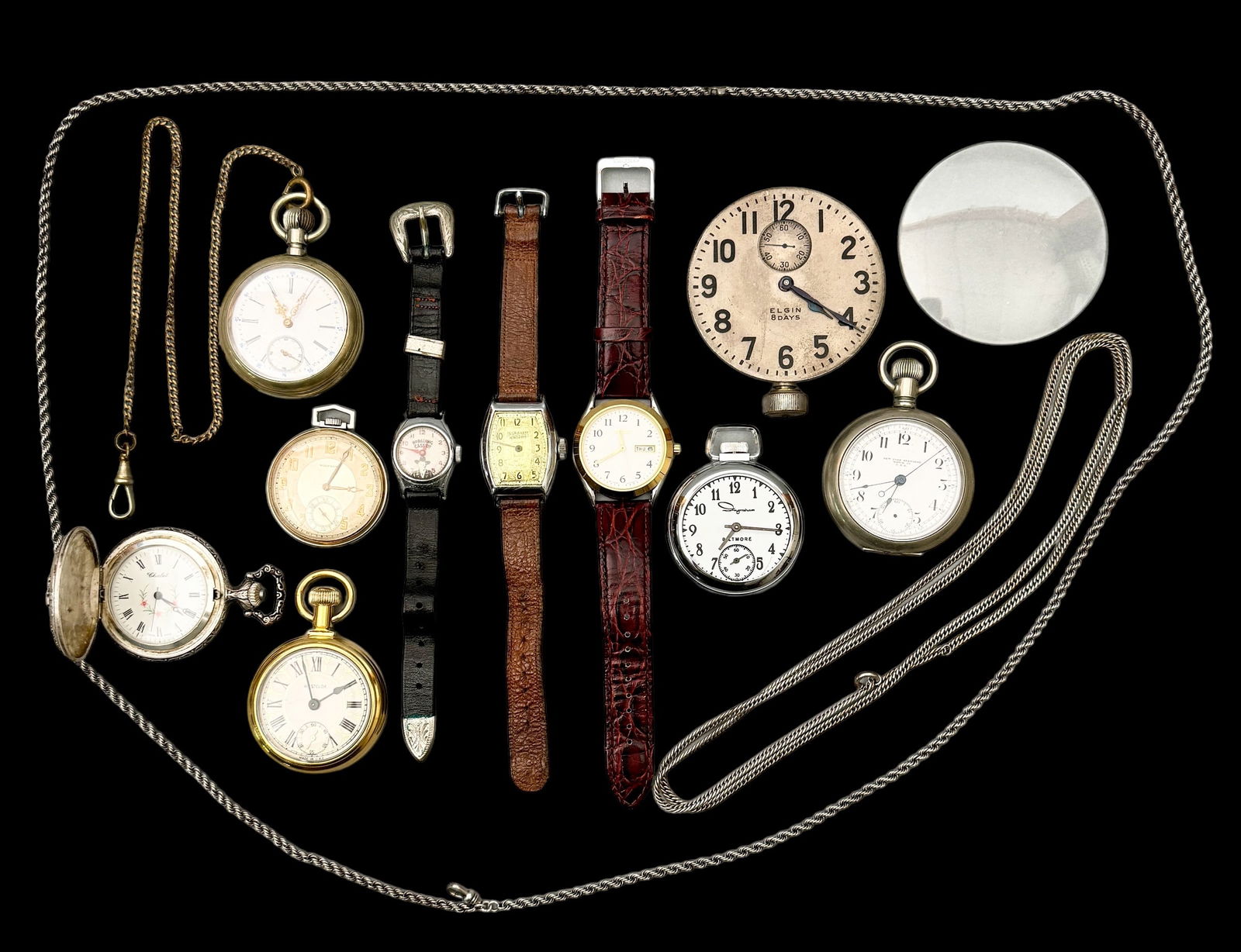 Various Antique To Vintage Watches, Pocket Watches: Ingraham, Seiko, Hop Along Cassidy wrist watches. Waltham, Westclox, Chalet, NY Standard, and Elgin pocket watches. No precious metals, some for repair. ALL untested. 2 white metal pocket watch chains