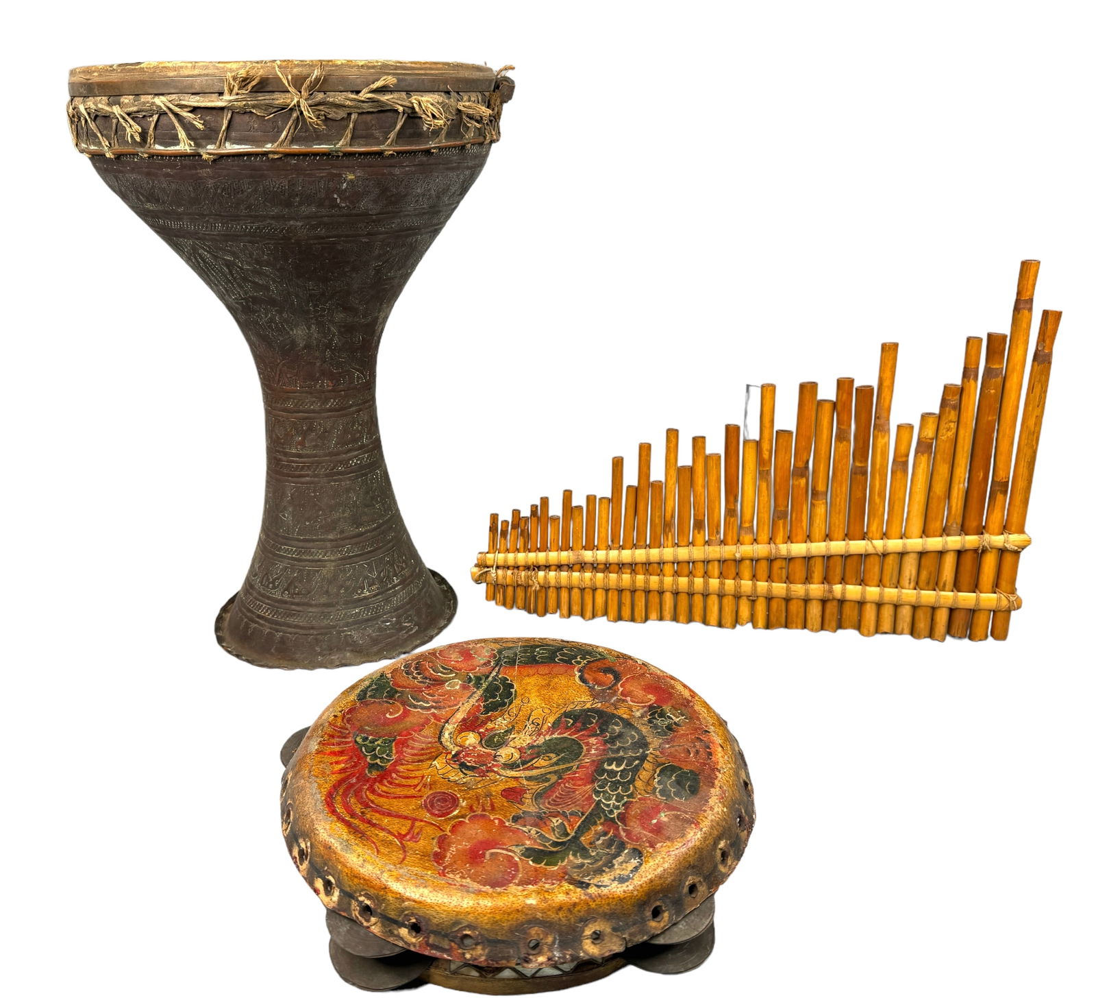 Antq Asian Tom-Tom, Darbuka, Pan Flute: Antique Asian hand painted dragon Tom-Tom / Tambourine. Leather skin stretch, inlaid mother of pearl and bone accents. Top needs to be re-threaded, is loose. Measures 10 inches across. Unique style Ro