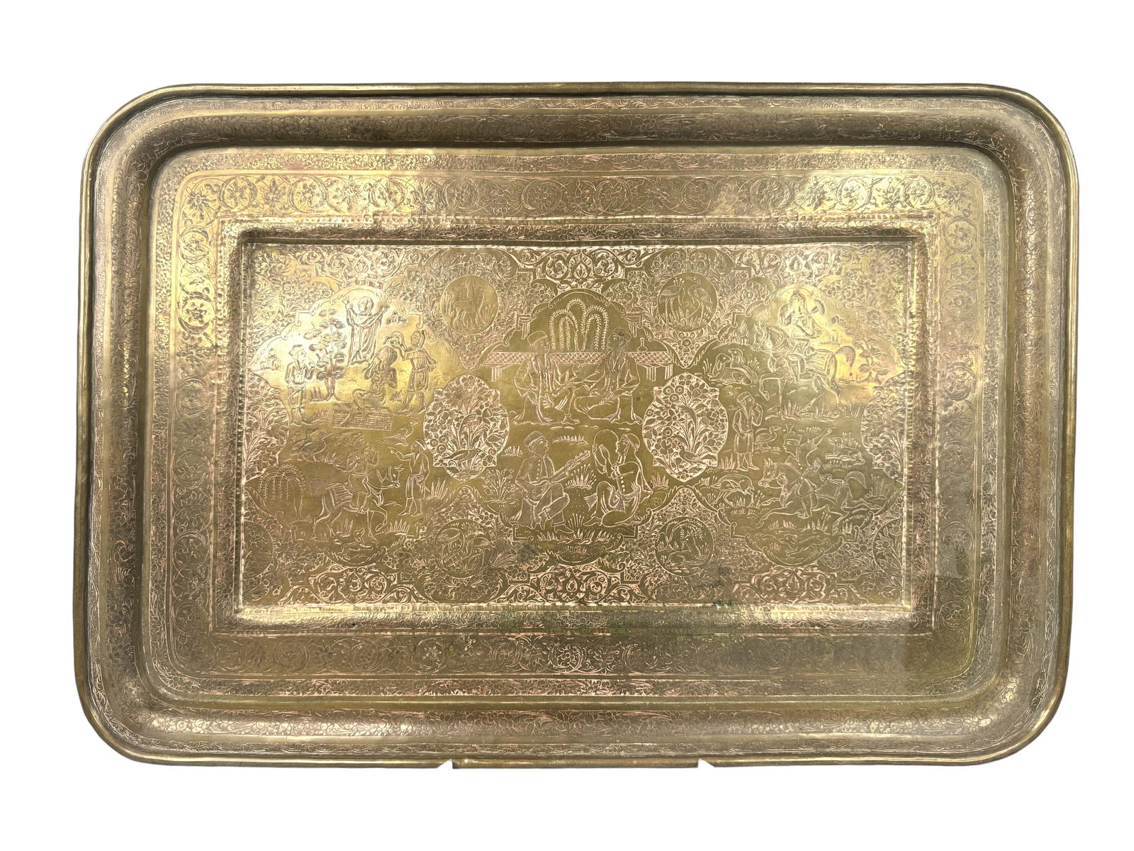 Lrg Antique Etched Brass Tray: Beautifully etched solid brass tray. Appears Moroccan or Middle Eastern in nature. Depicts animals, people, and floral designs. Measures 21.75 by 15 inches.
