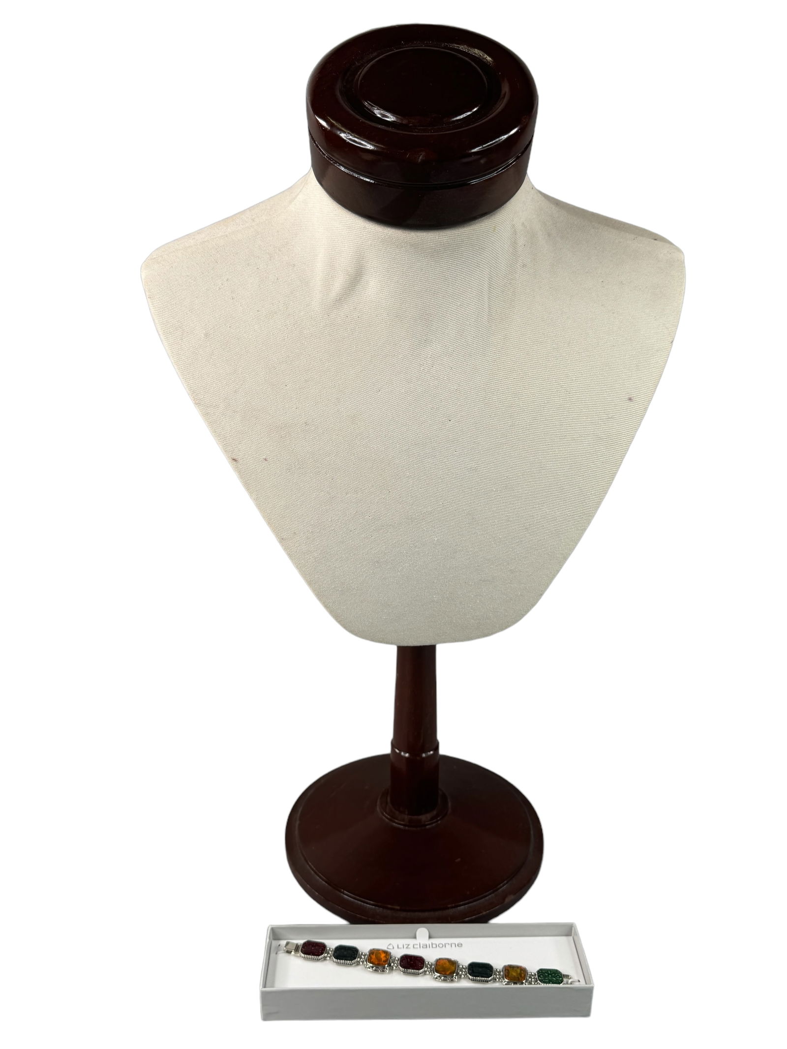 Liz Claiborne Bracelet, Neck Form.: Liz Claiborne boxed enameled and silver tone bracelet. 7 inches. Adjustable wood based linen covered neck form/jewelry display stands 23 inches tall. Has minor wear to linen covering. *** This item re