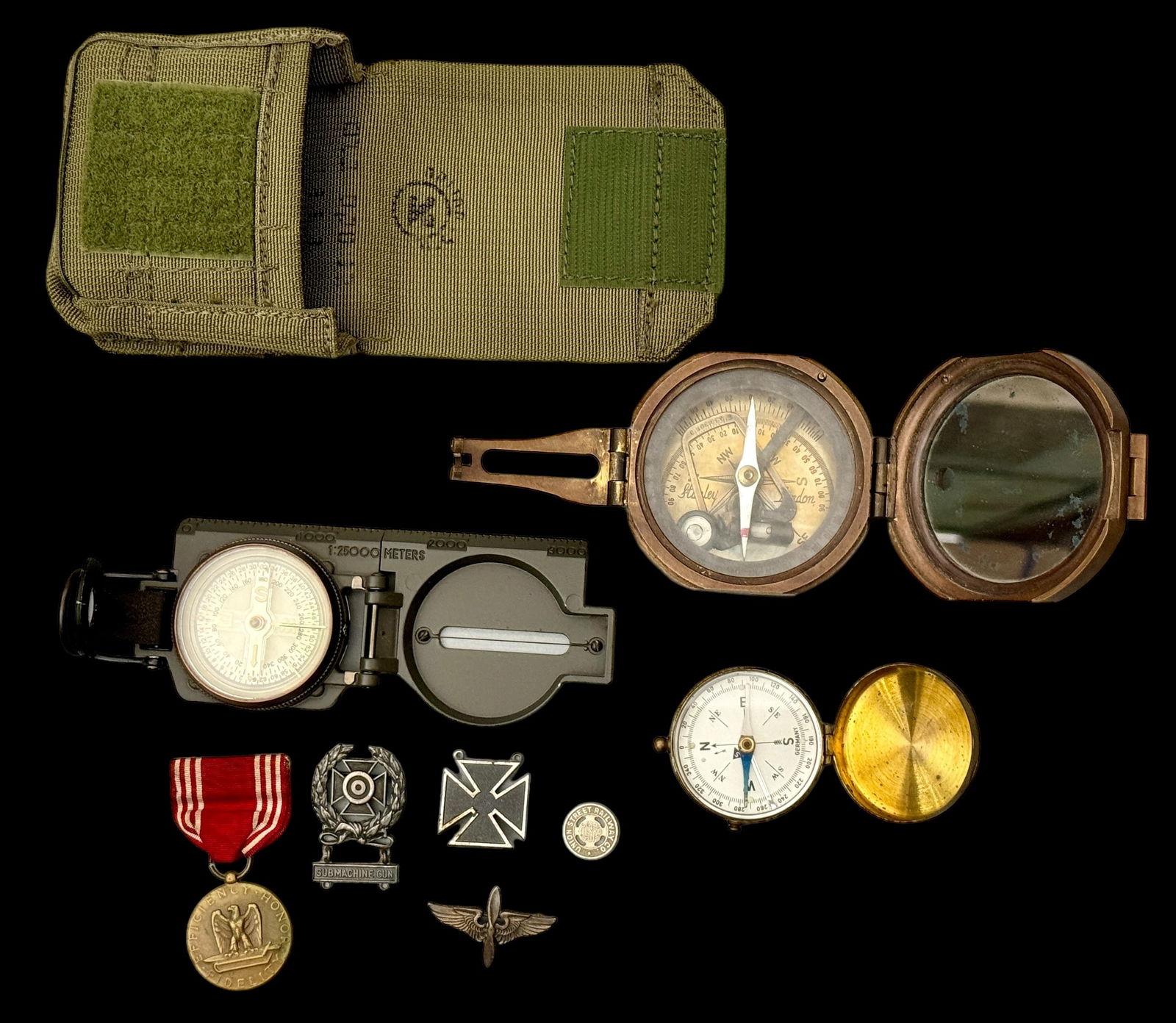 Military Lot, Sterling Pins, Compasses: 2 sterling pins weighing 0.48 OZT. Good conduct medal, Stanley London compass, Vintage German compass, and a Japanese compass in pouch. All untested for accuracy.