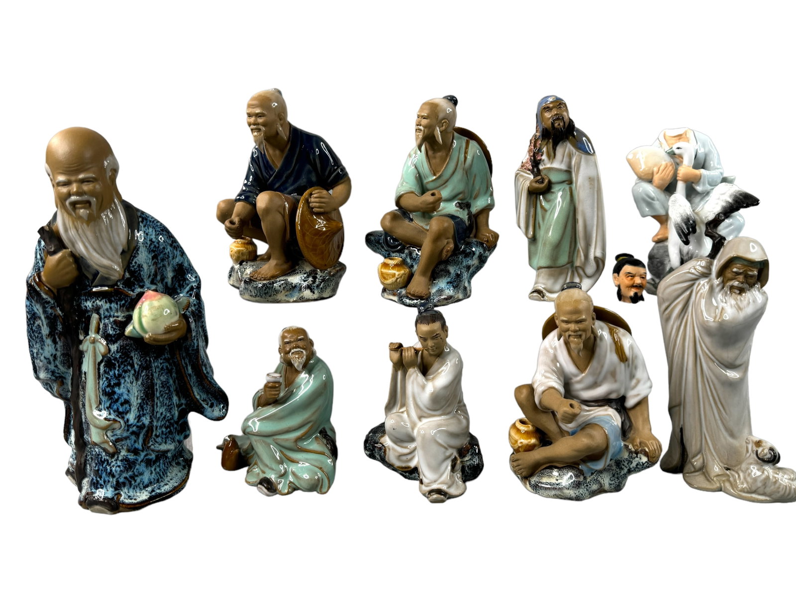 Vintage Asian Mud-Men/Porcelain Figures, Repairs: God of longevity has a broken staff, 8 inches tall. 3 fishing mud-men are missing bamboo poles, all 3 are 5.5 inches. 2 sitting and 2 standing figures are 3.5 to 6.5 inches tall. Porcelain Asian man w