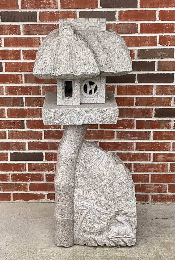 Carved stone 4 piece statue, lantern house upper: with bamboo like relief carved base; measuring approximately 46 inches tall x 16 inches x 14 inches. ***Statue is extremely heavy. Auction Company will assist in loading with heavy machinery onto a tr