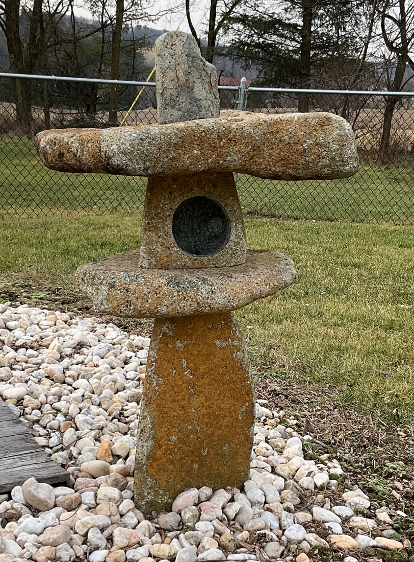 Five piece carved stone Asian garden lantern: measuring approximately 43 inches tall. ***Statue is extremely heavy. Auction Company will assist in loading with heavy machinery onto a truck of some sort (NO Cars or SUVs - TRUCKS ONLY). Buyer is re