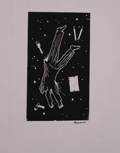 Untitled (falling man): Title: Untitled (fallen star) Artist: Richard Bosman Linocut on kenzo paper, 1994 Edition Unknown Image Size 13.125 x 7.375", Paper Size 17 x 11.25"