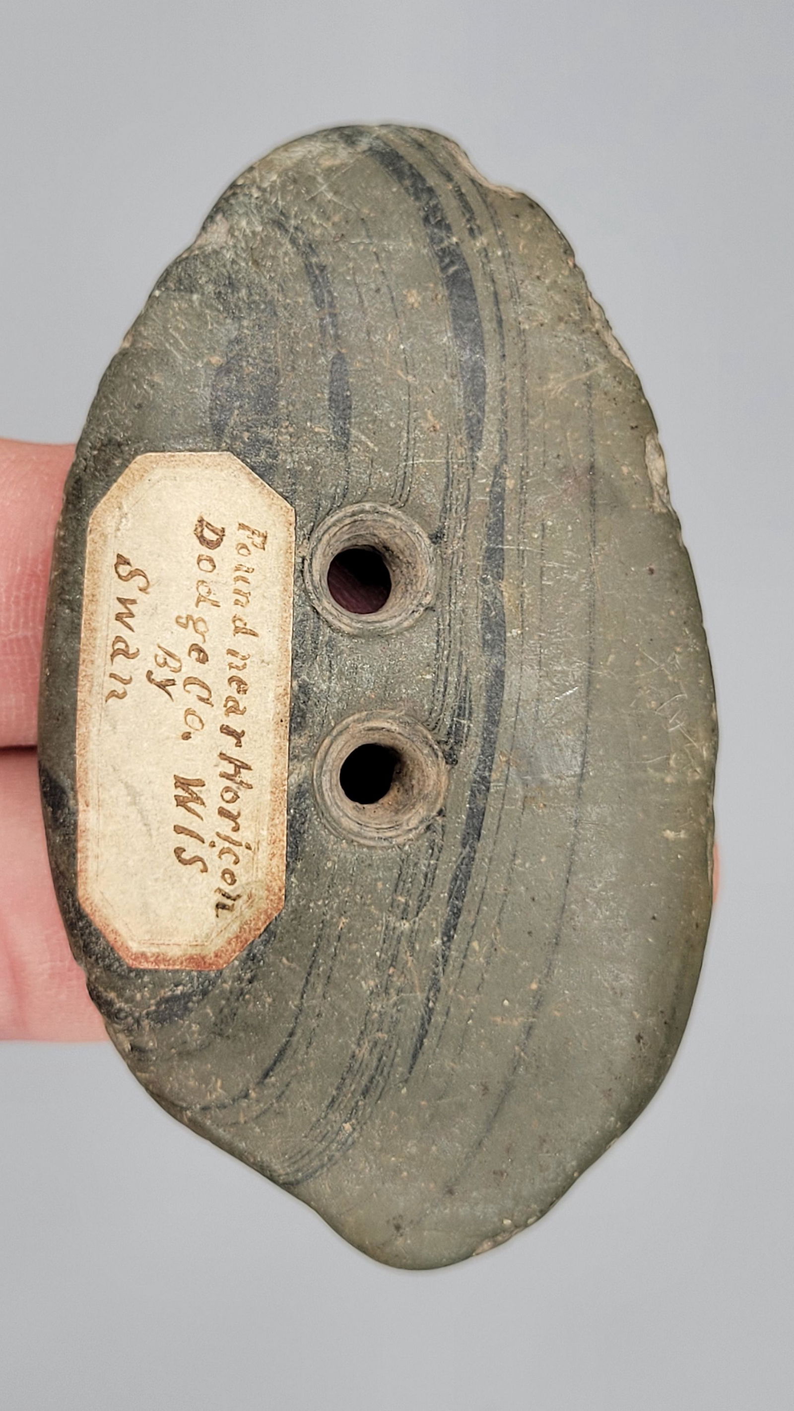 3" Banded Slate Gorget found near Horicon- Dodge County Wisconsin: 3" Banded Slate Gorget found near Horicon- Dodge County Wisconsin