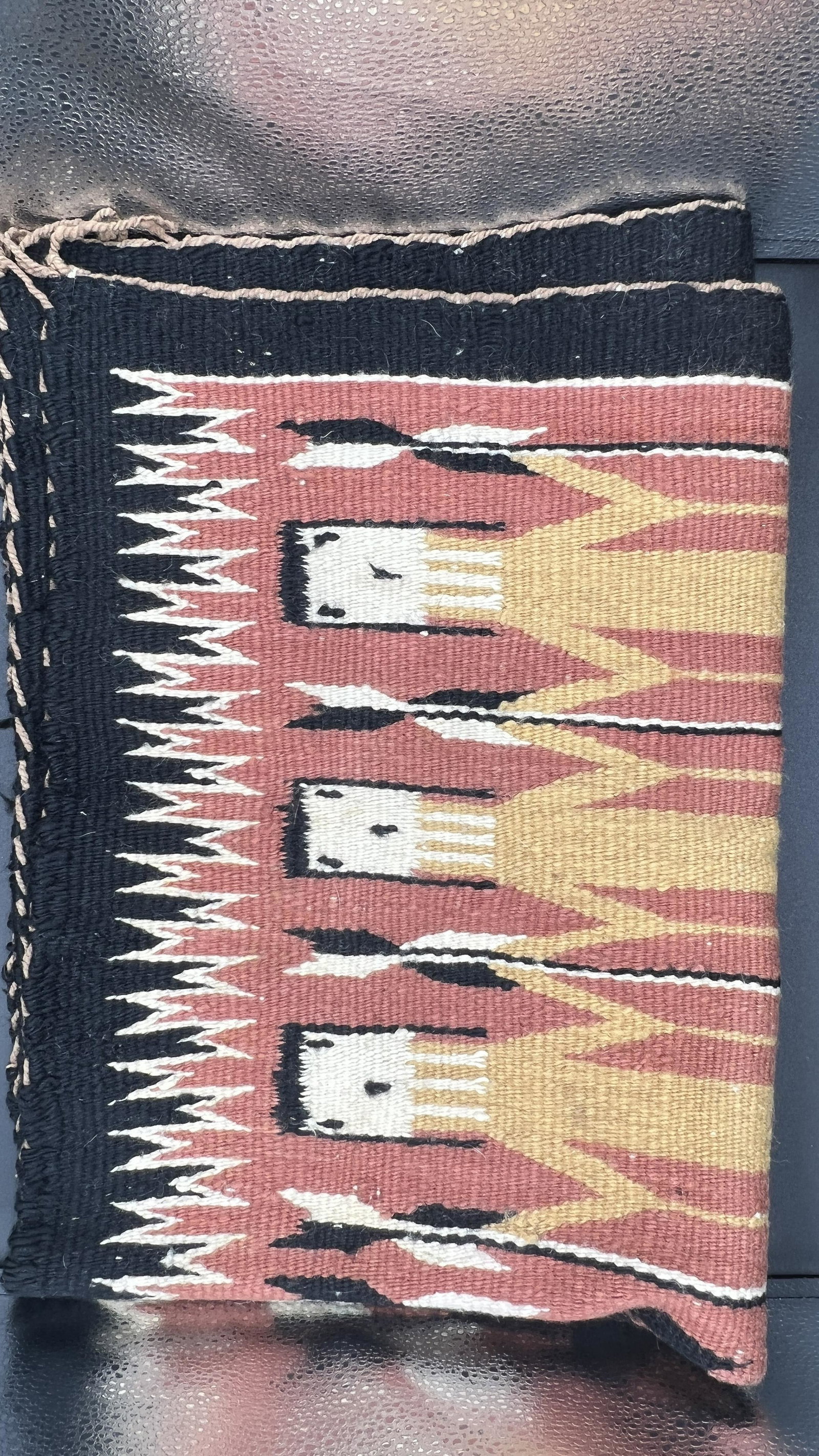 37" x 27" Pictoral Navajo Saddle Blanket - hand-spun wool and woven with colors of browns, red,: 37" x 27" Pictoral Navajo Saddle Blanket - hand-spun wool and woven with colors of browns, red, yellow, and black; designed with 6 Female Yei, bows, arrows. Early 20th Century.