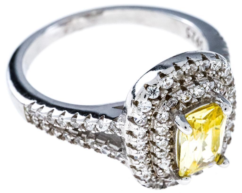 925 Sterling Silver Ring, Emerald cut center w/ 2 Halos of Swarovski Elements Size 7 (1 of 2)
