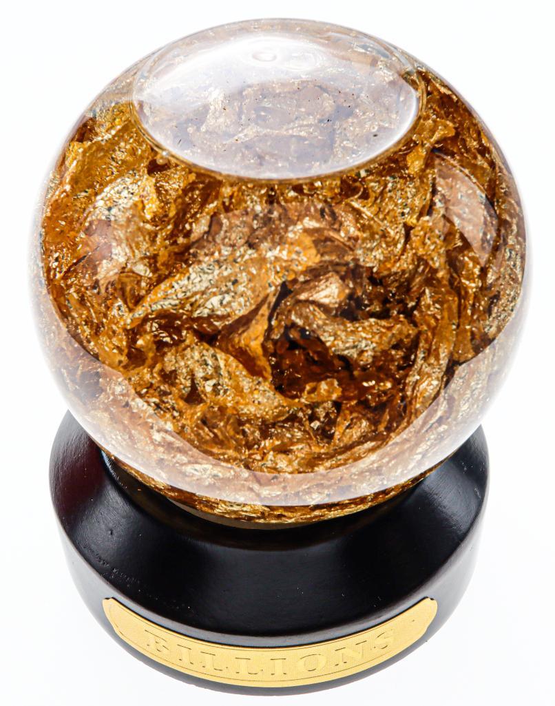 "BILLIONS" Globe Full of 24kt .999 Fine Gold Leaf Flakes, Special Preservative Liquid, Globe Spins (1 of 3)