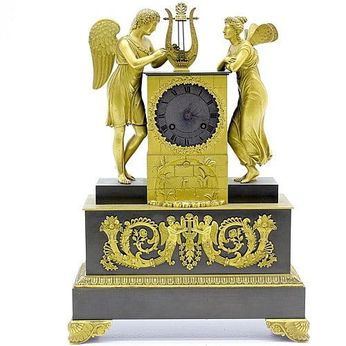 Early 19th century empire gilt bronze table clock: Size:(41 x 30 x 13 cm) Shipping:EU\HK\USA Ondoor shipping estimation:125EUR Condition:(Good Condition, No Repairment Checked by UV&Strong Light, Age Traces) Terms:(It is the Buyer's responsibility to 
