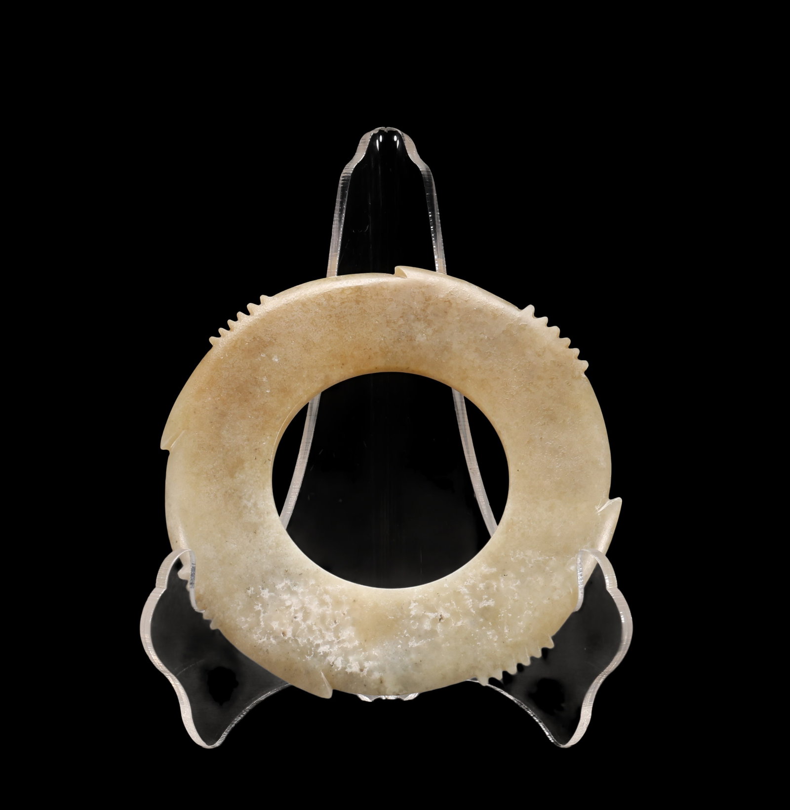 A Calcified Pale Jade Notched Bi, Late Neolithic, Circa 3300?C2300 C BC Pr.: Size:(Height9cm,Width9cm) Shipping:EU\HK\USA Ondoor shipping estimation:75EUR Condition:(Good Condition, No Repairment Checked by UV&Strong Light, Age Traces) Terms:(It is the Buyer's responsibility t