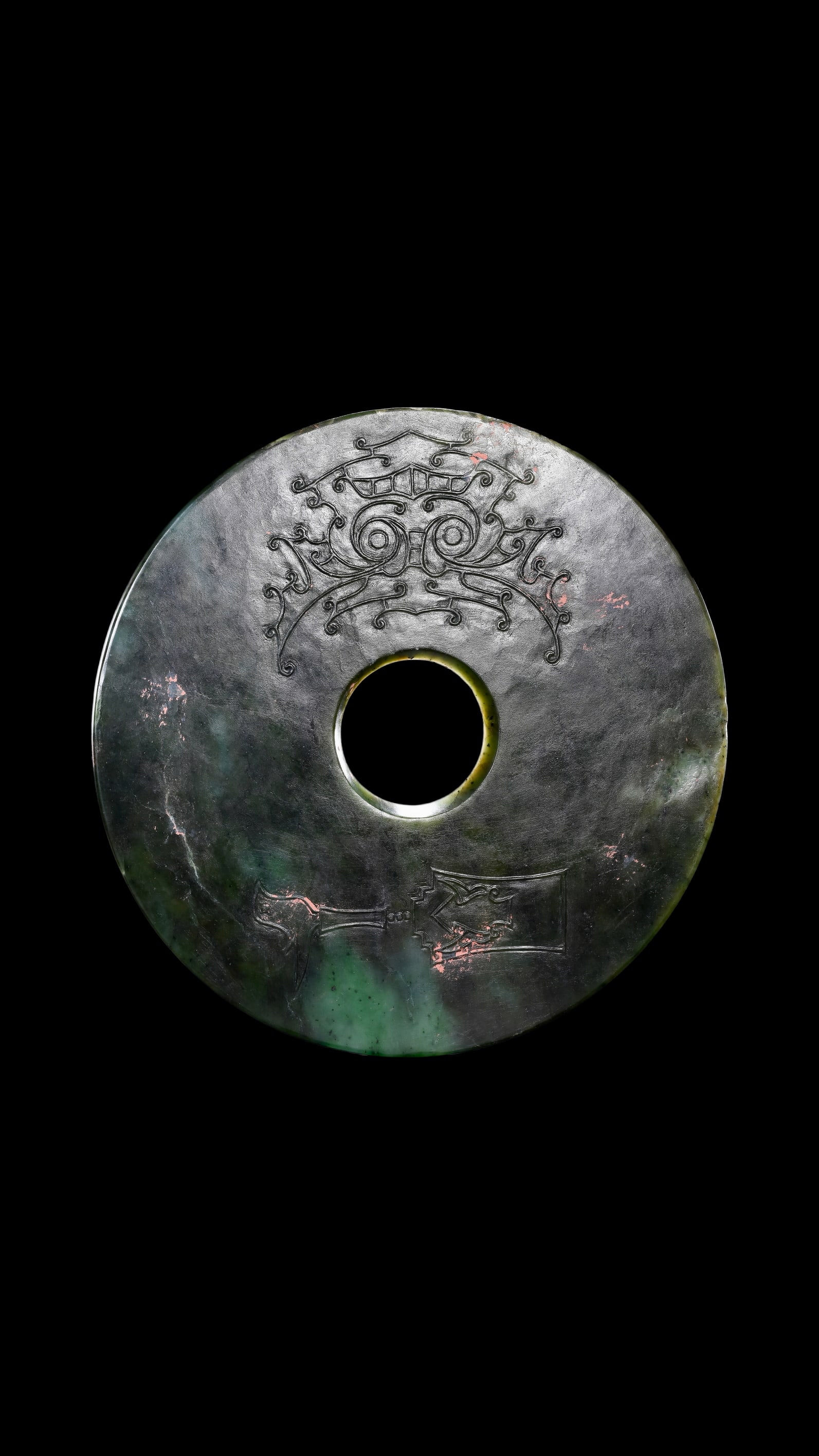 A Dark Green Jade Bi Disc with Incised Decoration, Neolithic, Circa 3300?C2300 C BC Pr. (1 of 8)