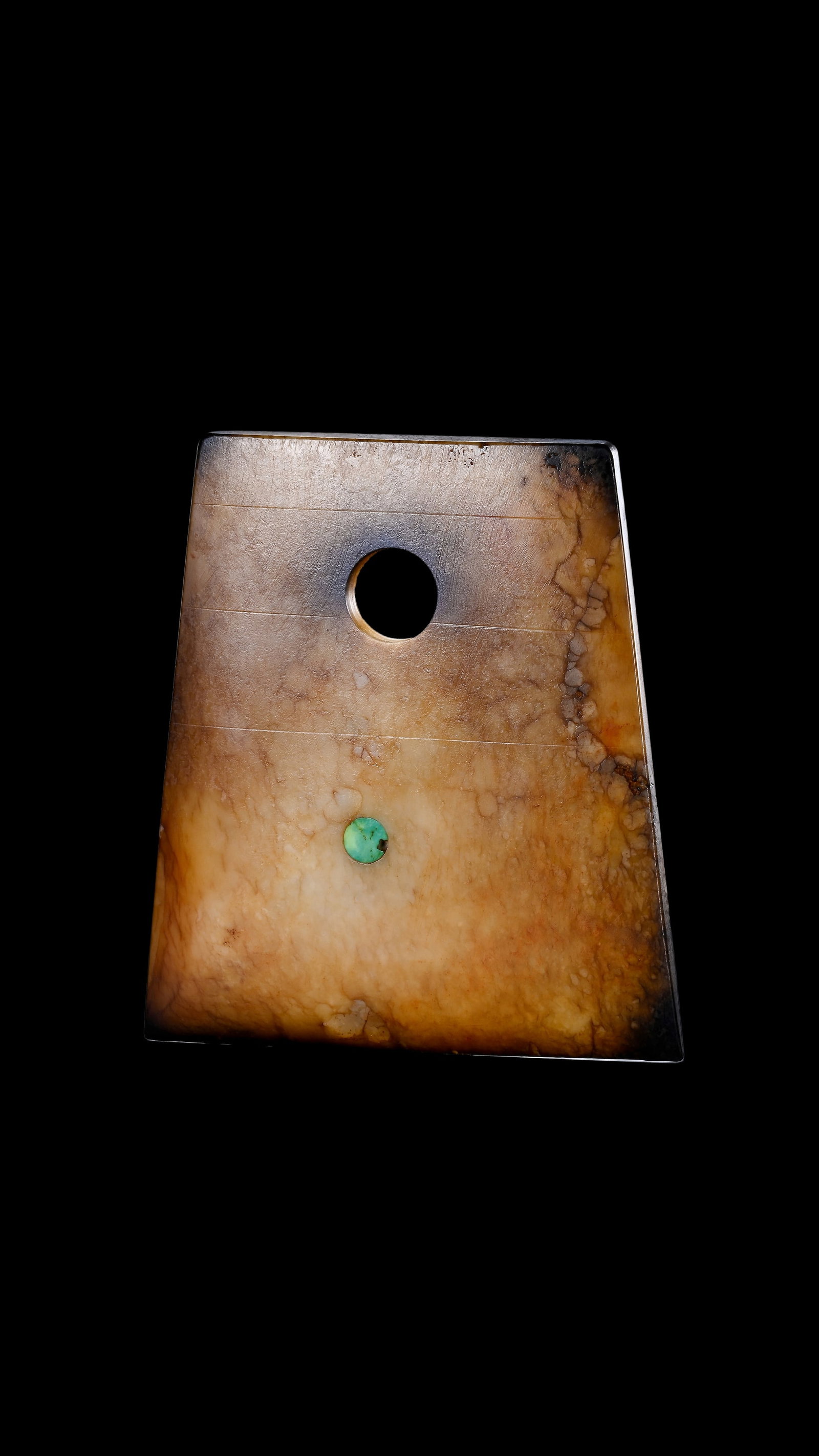 A Calcified Brown Jade Axe Pendant with Turquoise Inlay, Neolithic, Circa 3300?C2300 C BC Pr.: Size:(Height 11cm Length 10cm) Shipping:EU\HK\USA Ondoor shipping estimation:75EUR Condition:(Good Condition, No Repairment Checked by UV&Strong Light, Age Traces) Terms:(It is the Buyer's responsibil