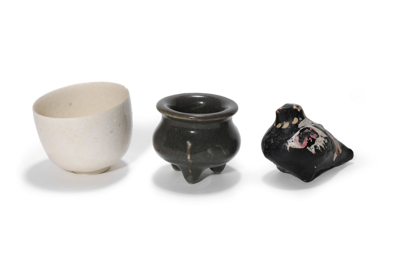 A Group of Three Ceramics: White Glaze Cup, Dark Glaze Tripod Censer, Painted Pottery Bird, (1 of 3)
