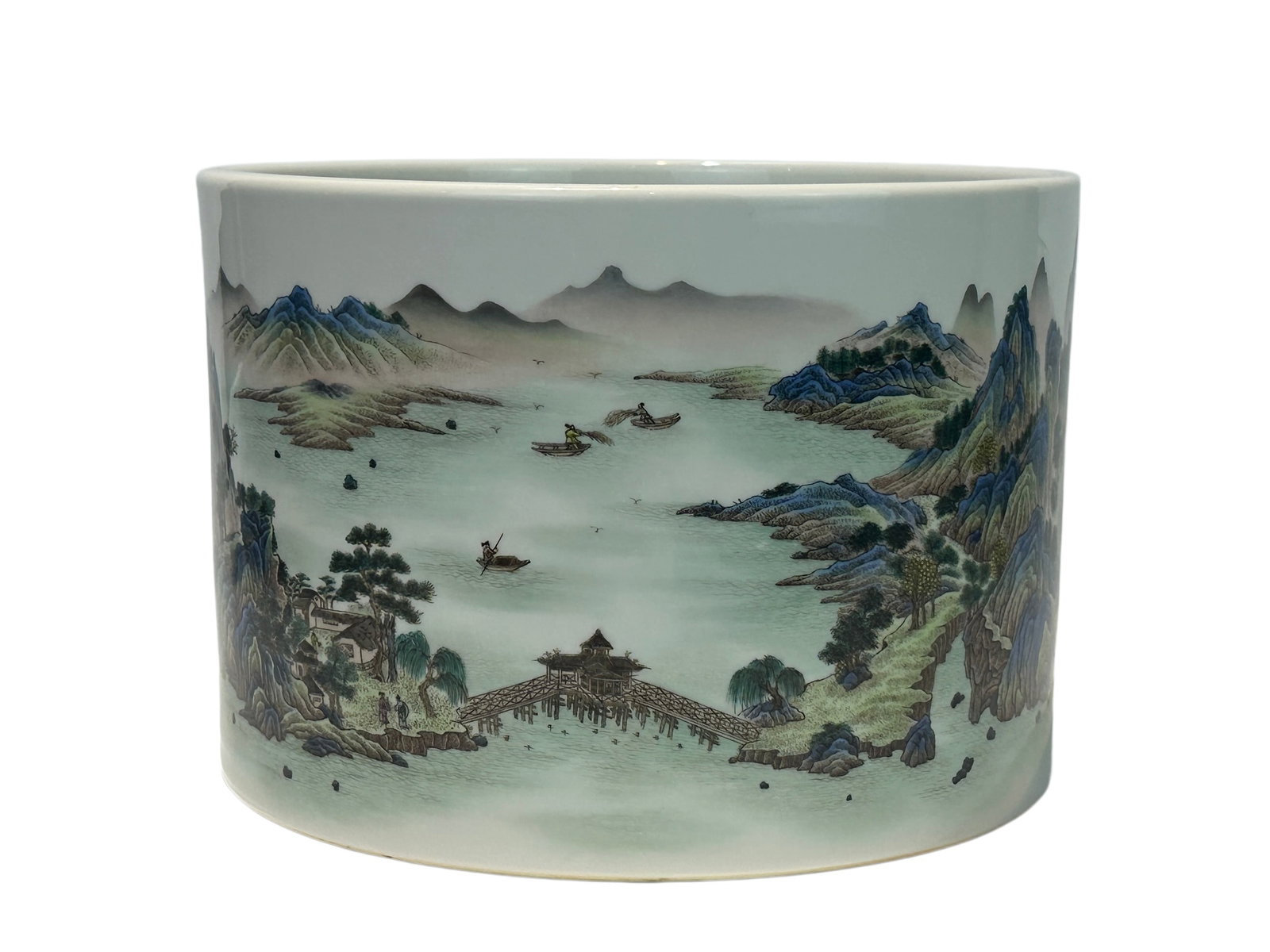 A Chinese Famille Rose brush pot with landscape figure decoration, Qian Long Pr.: Size:(Height18.5cm, Mouth Diameter26.7cm) Shipping:EU\HK\USA Ondoor shipping estimation:115EUR Condition:(Good Condition, No Hairlines, No Cracks, No Repairment Checked by UV&Strong Light, Age
