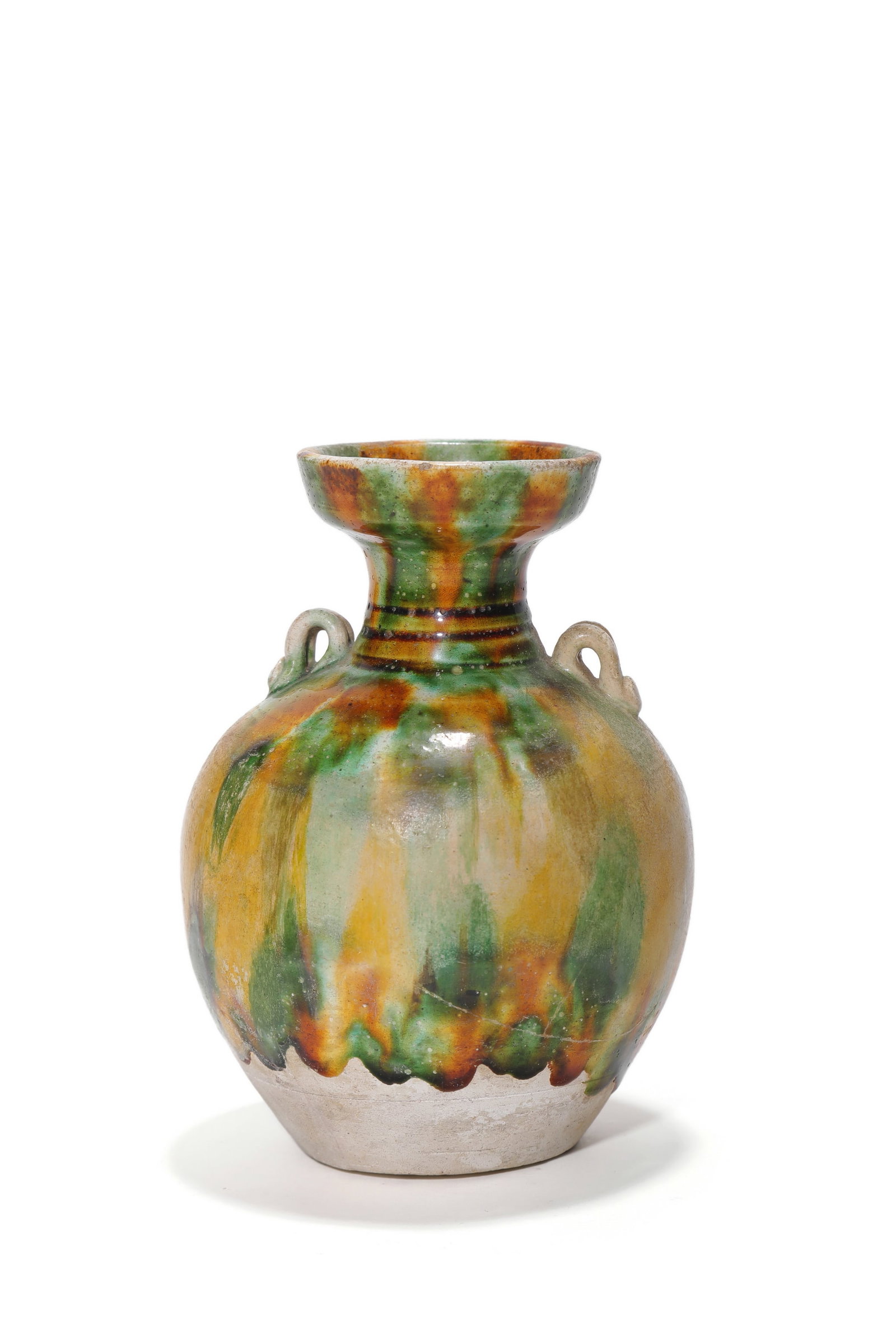 A Tang Sancai Two-Eared Vase, 7th?C10th C Pr.: Size:(Height 13.5cm) Shipping:EU\HK\USA Ondoor shipping estimation:85EUR Condition:(Good Condition, No Hairlines, No Cracks, No Repairment Checked by UV&Strong Light, Age Traces) Terms:(It is the Buye