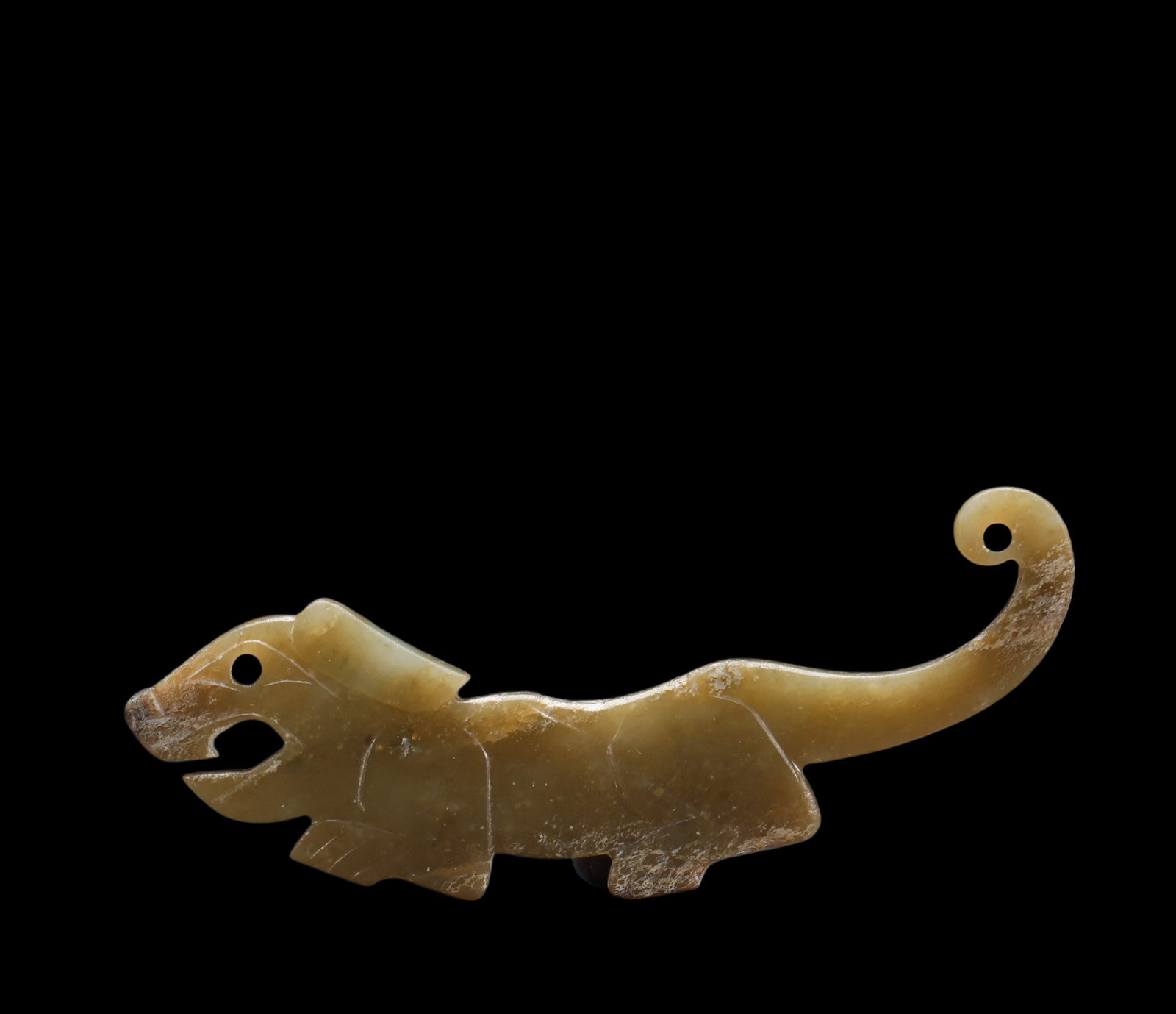 A Calcified Yellow Jade Tiger-form Pendant, Western Zhou, Circa 10th?C9th C BC Pr.: Size:(Height3cm,Width8.5cm) Shipping:EU\HK\USA Ondoor shipping estimation:75EUR Condition:(Good Condition, No Repairment Checked by UV&Strong Light, Age Traces) Terms:(It is the Buyer's