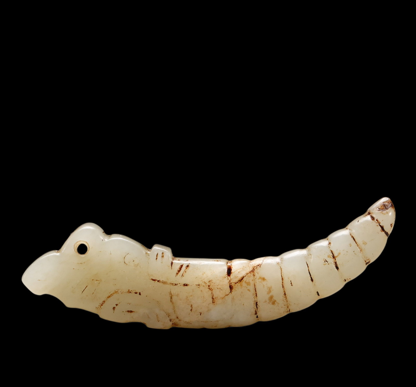 A White Jade Silkworm Pendant with Russet Veins, Western Zhou, Circa 10th?C8th C BC Pr.: Size:(Length 6.5cm, Width2cm) Shipping:EU\HK\USA Ondoor shipping estimation:75EUR Terms:(It is the Buyer's responsibility to inspect each lot and deem their own opinions on Condition, Description, Pro
