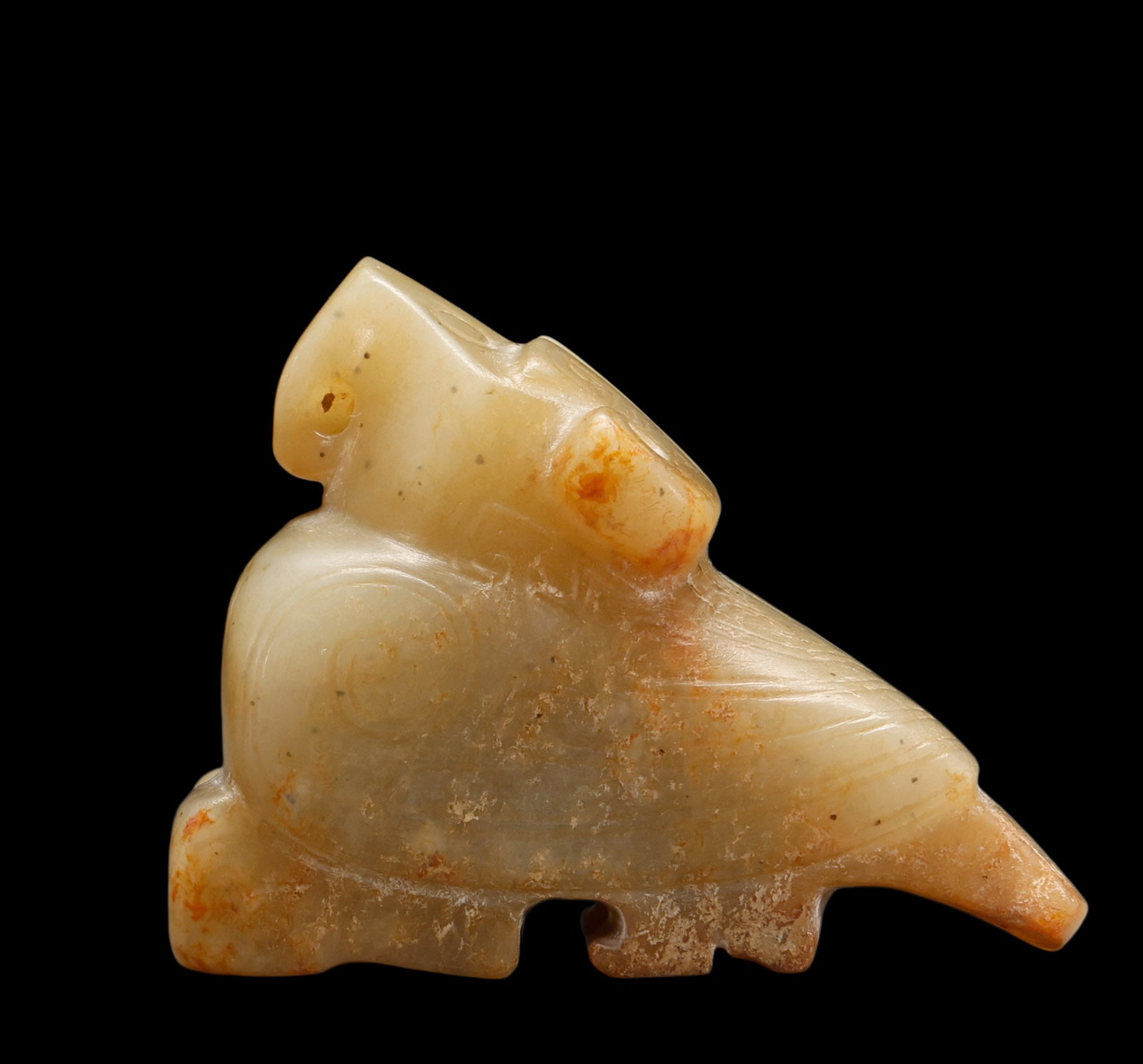 A Pale Calcified Jade Recumbent Bird Carving, Late Shang, Circa 12th?C11th C BC Pr.: Size:(Height4cm Width5.2cm) Shipping:EU\HK\USA Ondoor shipping estimation:75EUR Terms:(It is the Buyer's responsibility to inspect each lot and deem their own opinions on Condition, Description, Prove