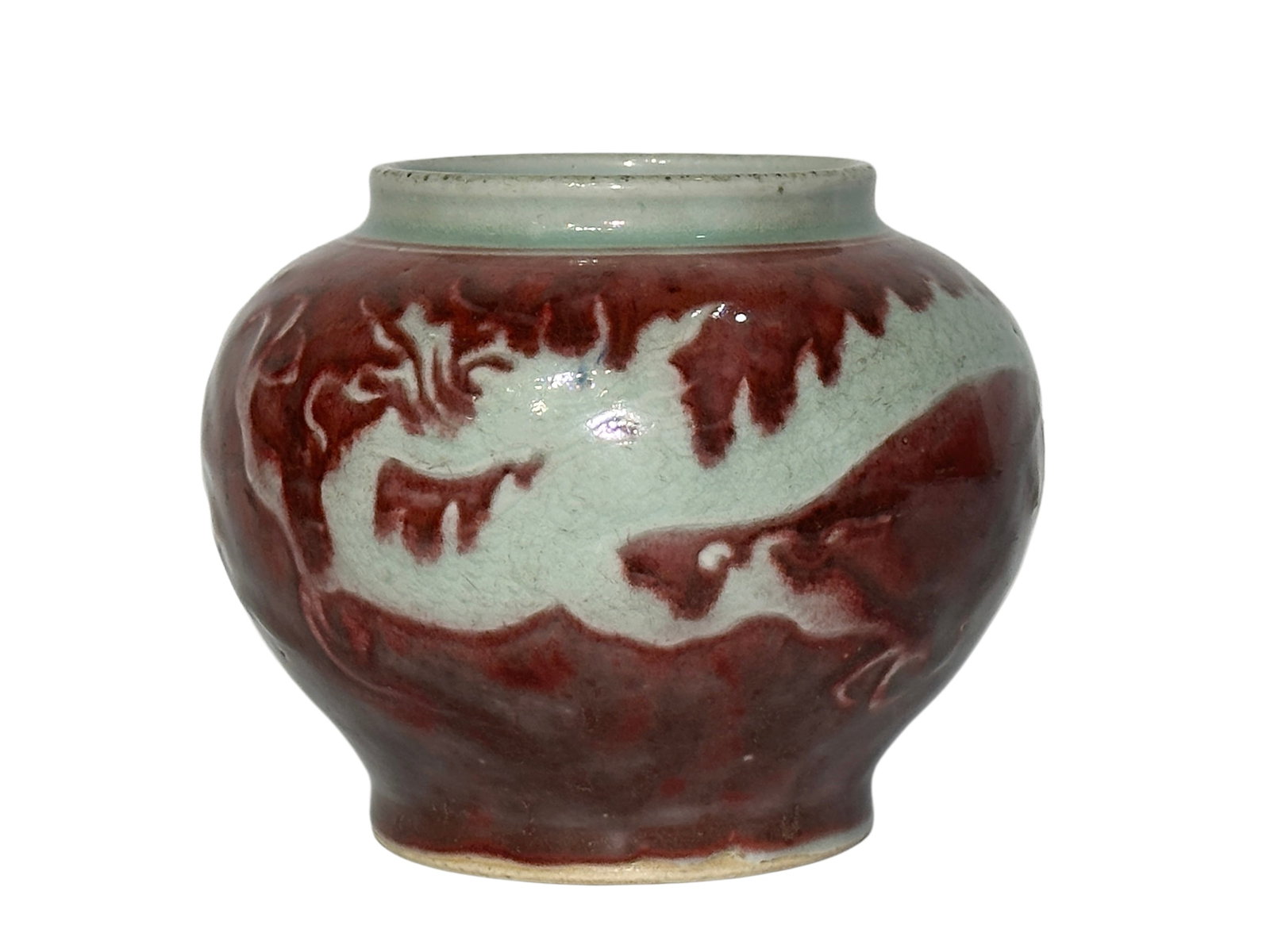 The underglaze red jar with hidden dragon pattern carvings, Ming Dynasty Pr. or earlier. (1 of 7)