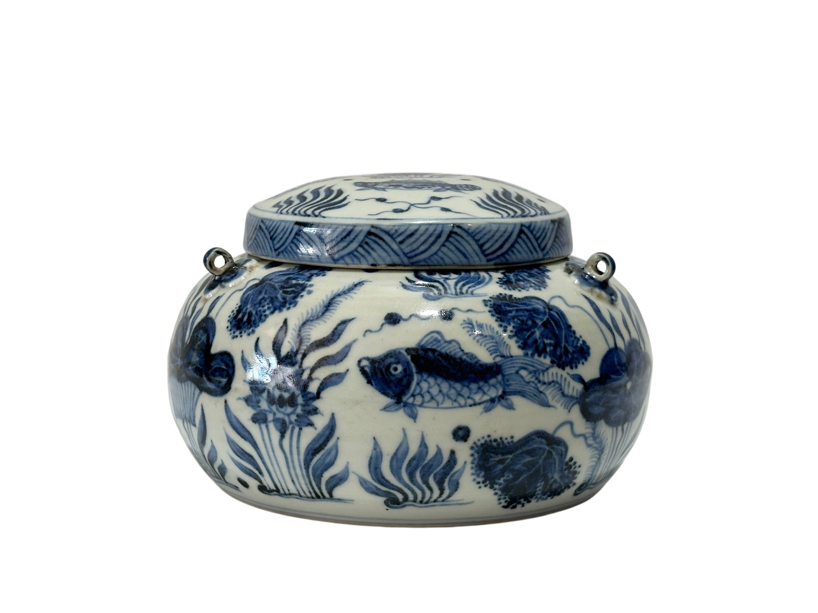A Chinese rare shape Blue and white jar with fish and algae patterns, Ming Dynasty Pr. (1 of 10)