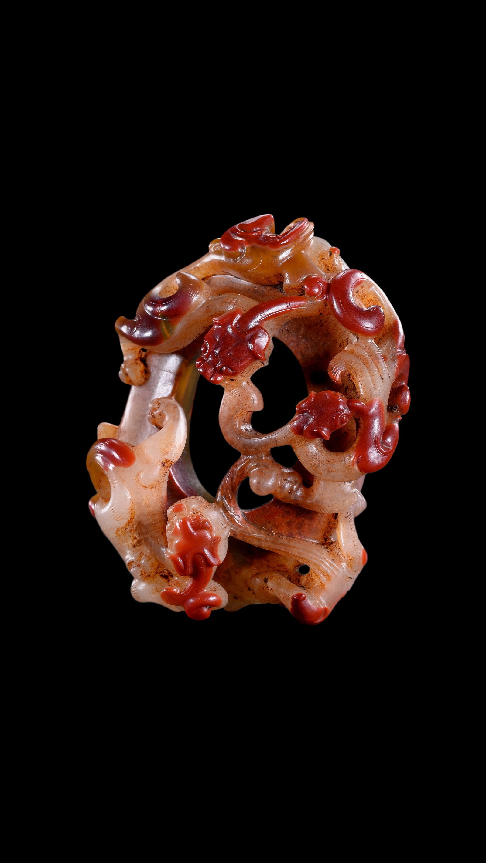 A Red and Pale Jade Chilong Dragon Carving, Han, Circa 2nd C BC?C2nd C AD Pr.: Size:(Height7.5cm Length 5.5cm) Shipping:EU\HK\USA Ondoor shipping estimation:75EUR Condition:(Good Condition, No Repairment Checked by UV&Strong Light, Age Traces) Terms:(It is the Buyer's responsibi