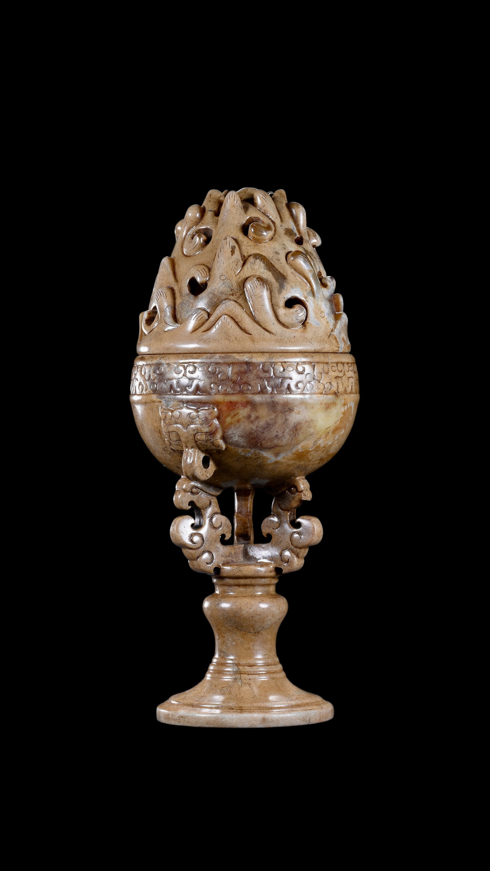 A Calcified Brown Jade Boshan Censer, Han, Circa 2nd C BC?C2nd C AD Pr. (1 of 8)