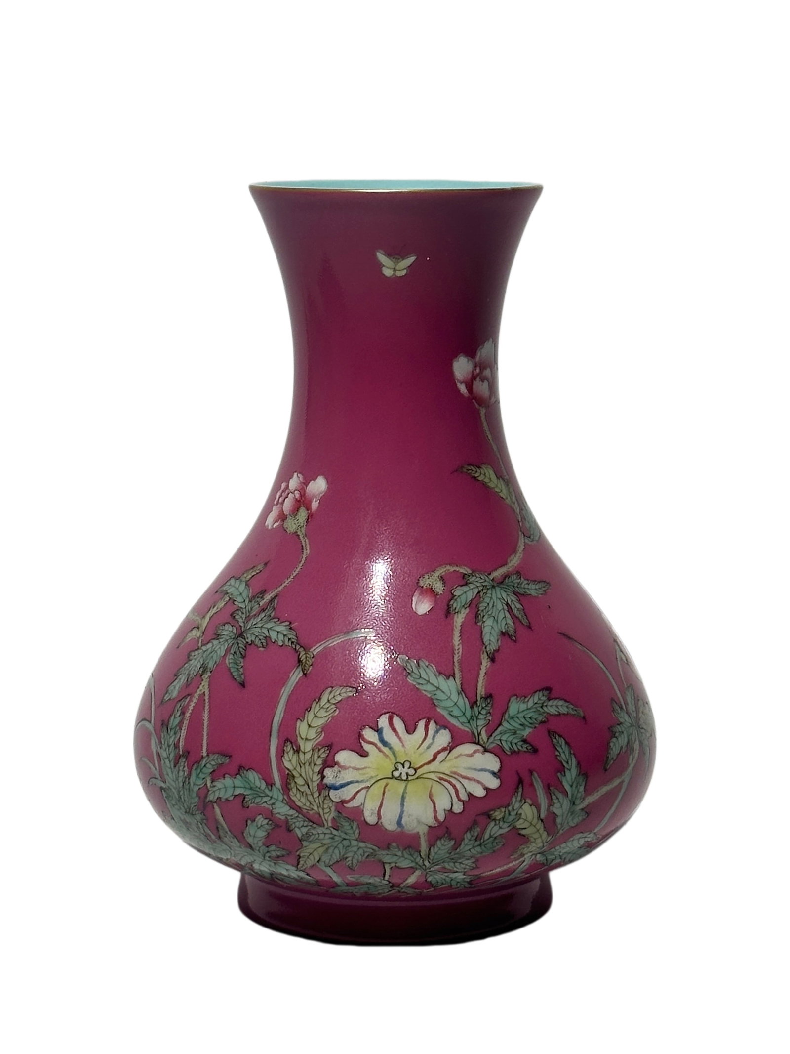 A Chinese rouge-red ground famille rose vase, Qian Long Pr.: Size:(Height15.3cm, Mouth Diameter6cm) Shipping:EU\HK\USA Ondoor shipping estimation:115EUR Condition:(Good Condition, No Hairlines, No Cracks, No Repairment Checked by UV&Strong Light, Age Traces) Te