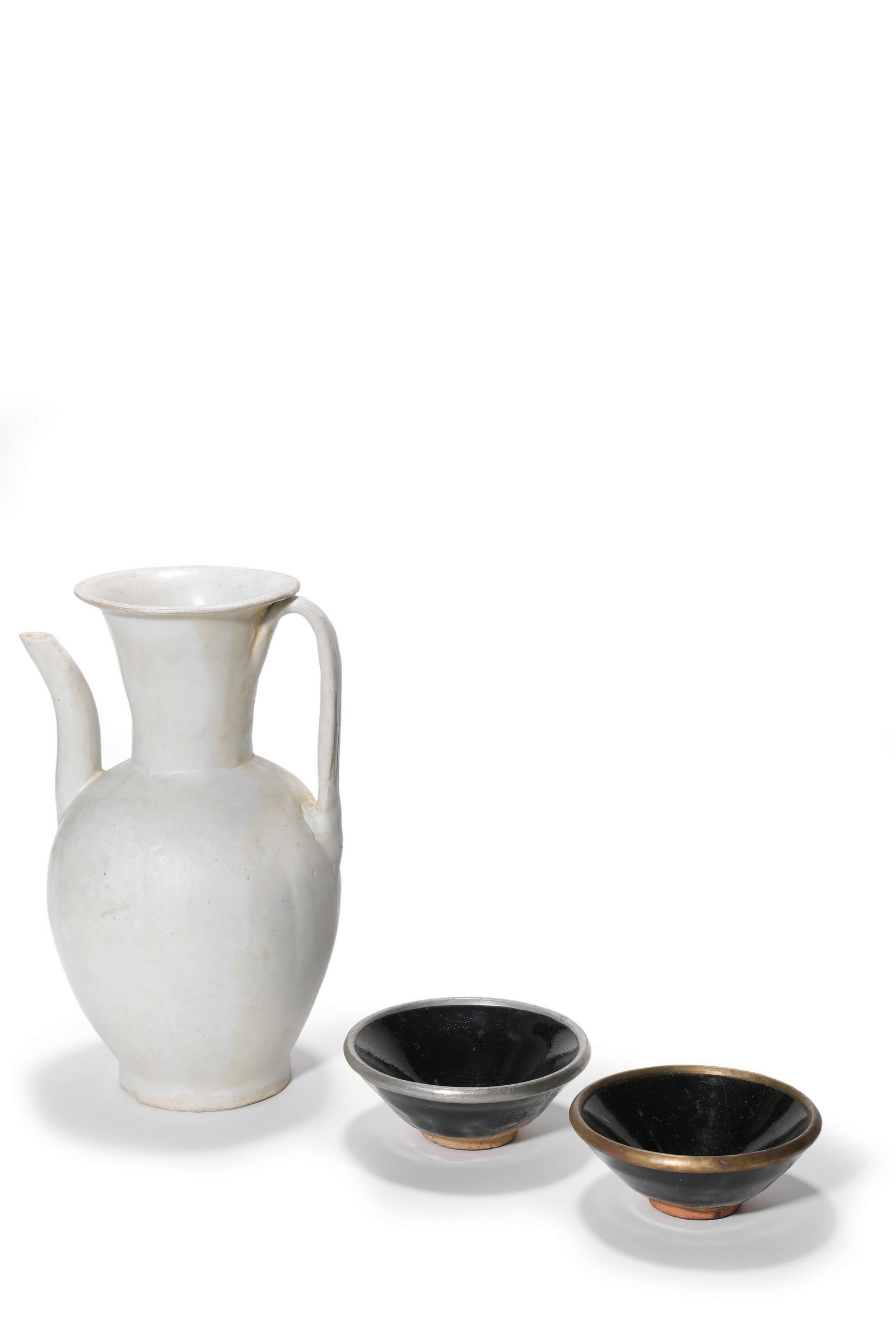 A White Glaze Ewer and Two Black Glaze Tea Bowls with Metal Rims, 10th?C13th C Pr. (1 of 7)